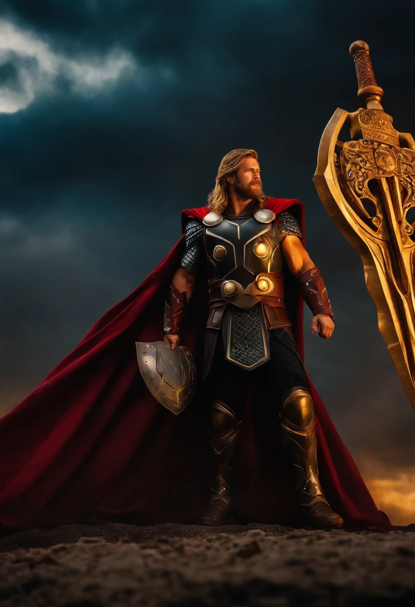 Deus Thor imponente ultra detalhes em pe olhando pra frente fixo pra mim segurando seu martelo mjonir e de armadura