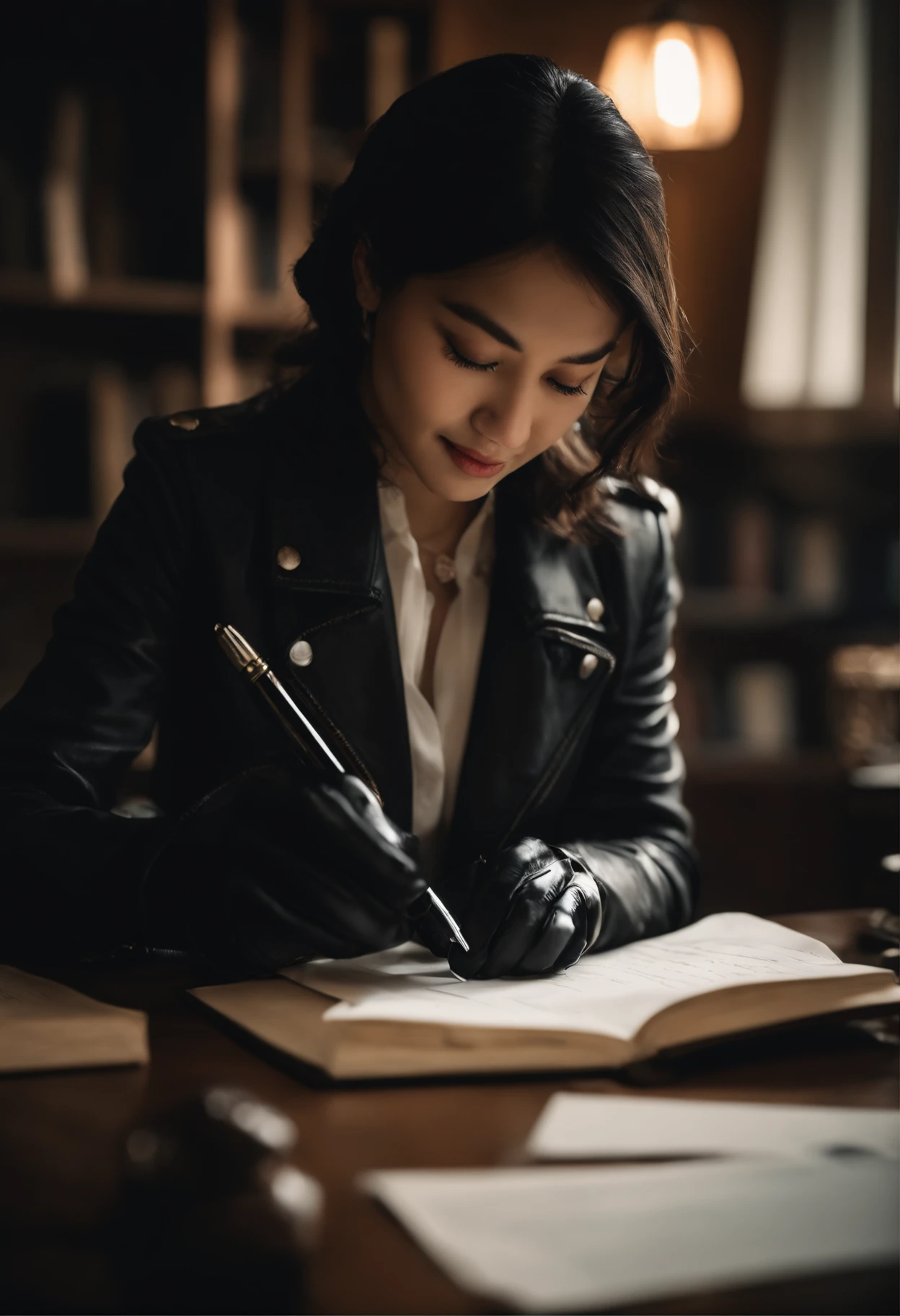 Wearing black leather gloves in both hands, upper body, black leather rider's jacket, facing the desk in the study, looking down and smiling, writing a letter using a fountain pen, black hair long straight, young Japanese woman (black leather gloves cover both hands)