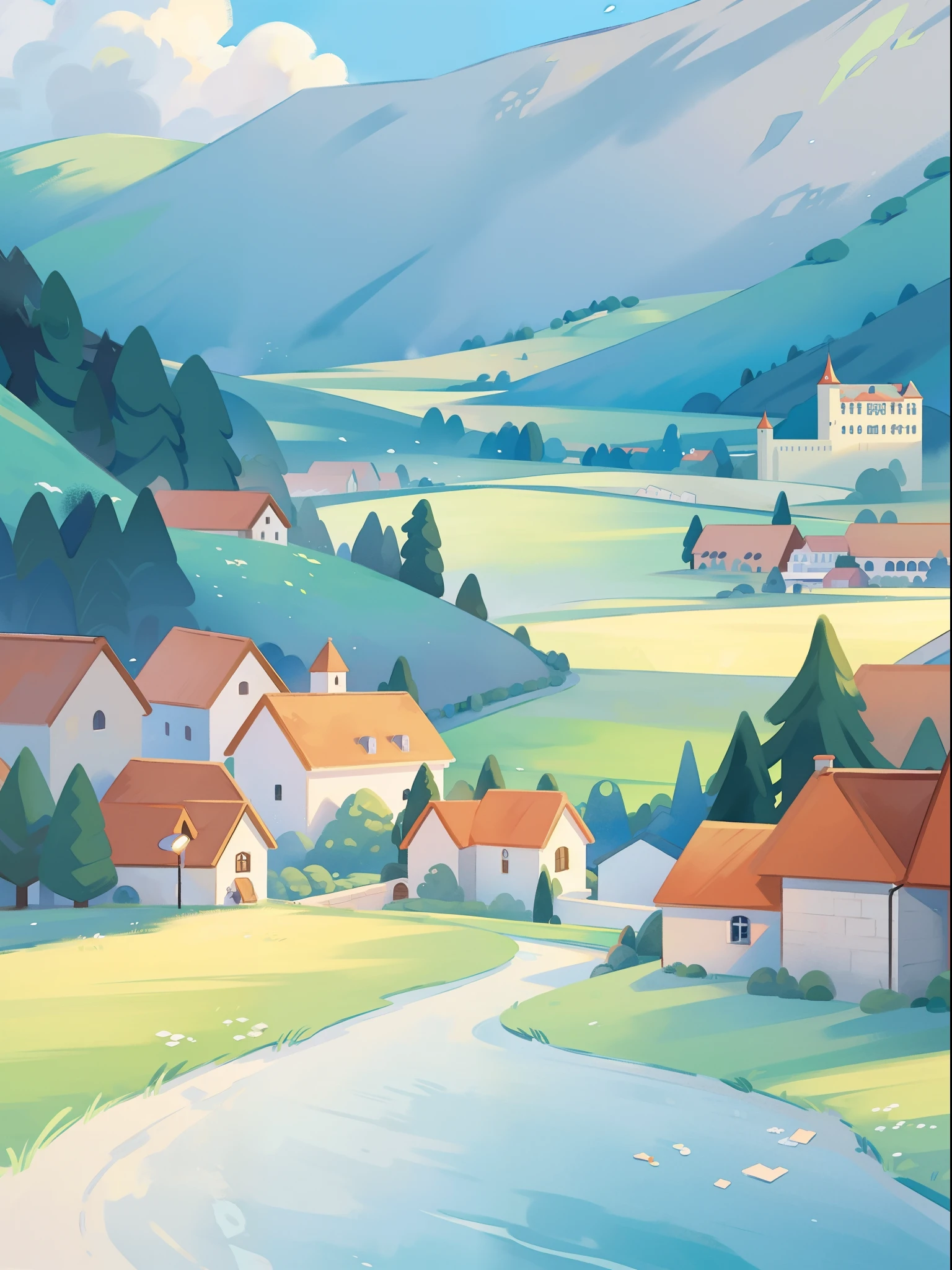 ((picture book illustration)), fantasy landscape, watercolor illustration, whimsical, warm colors, fairytale castle and village, ((princess castle)), fairytale medieval style houses, ((masterpiece)), highly detailed environment