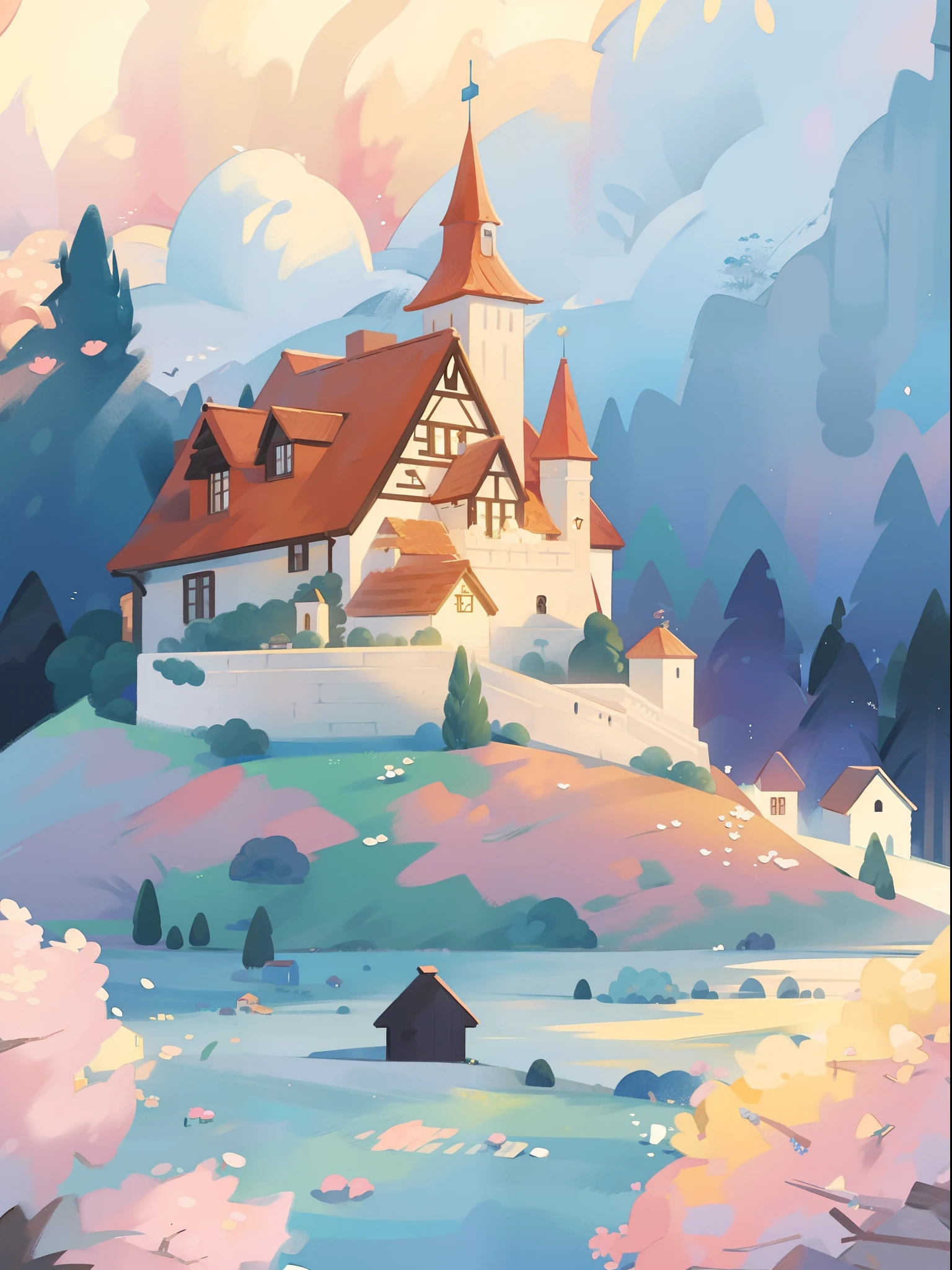 ((picture book illustration)), fantasy landscape, watercolor illustration, whimsical, warm colors, fairytale castle and village, ((princess castle)), fairytale medieval style houses, ((masterpiece)), highly detailed environment