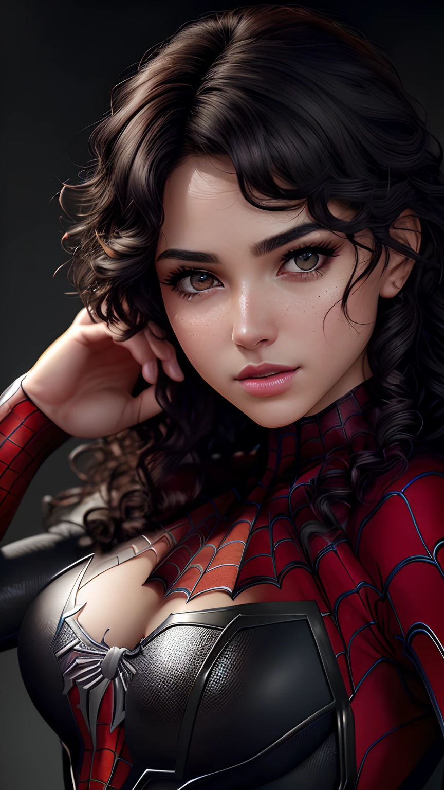 (RAW, analogue, Nikon Z 14mm ultra wide angle lens, award-winning glamor photography, ((best quality)), ((masterpiece)), ((realistic)), skin pores, subsurface scattering, light rays radiant, high-res, detailed facial features, high detail, sharp focus, soft, aesthetic, extremely detailed ((light gray eyes, extremely detailed eyes, extremely detailed iris)), extremely detailed hair, extremely detailed skin, extremely detailed clothing, octane rendering, photorealistic, realistic, post-processing, maximum detail, realistic shadows, roughness, natural skin texture, real life, ultra-realistic, photorealism, photography, 8k UHD, photography, hdr, intricate, elegant, highly detailed, focus sharp, stunning, beautiful, wonderful), Beautiful and realistically detailed 18 year old girl as Marvel's ((Spidergirl)), makeup, full body visible, ((short black curly hair)), realistic skin, photorealistic, realistic cinematic shot (CG wallpaper unity 8k extremely detailed), trending on ArtStation, trending on CGSociety, High detail, Sharp focus, dramatic, beautiful background, full shot, high quality, (beautiful face), (detailed face), detailed hands, beautiful hands