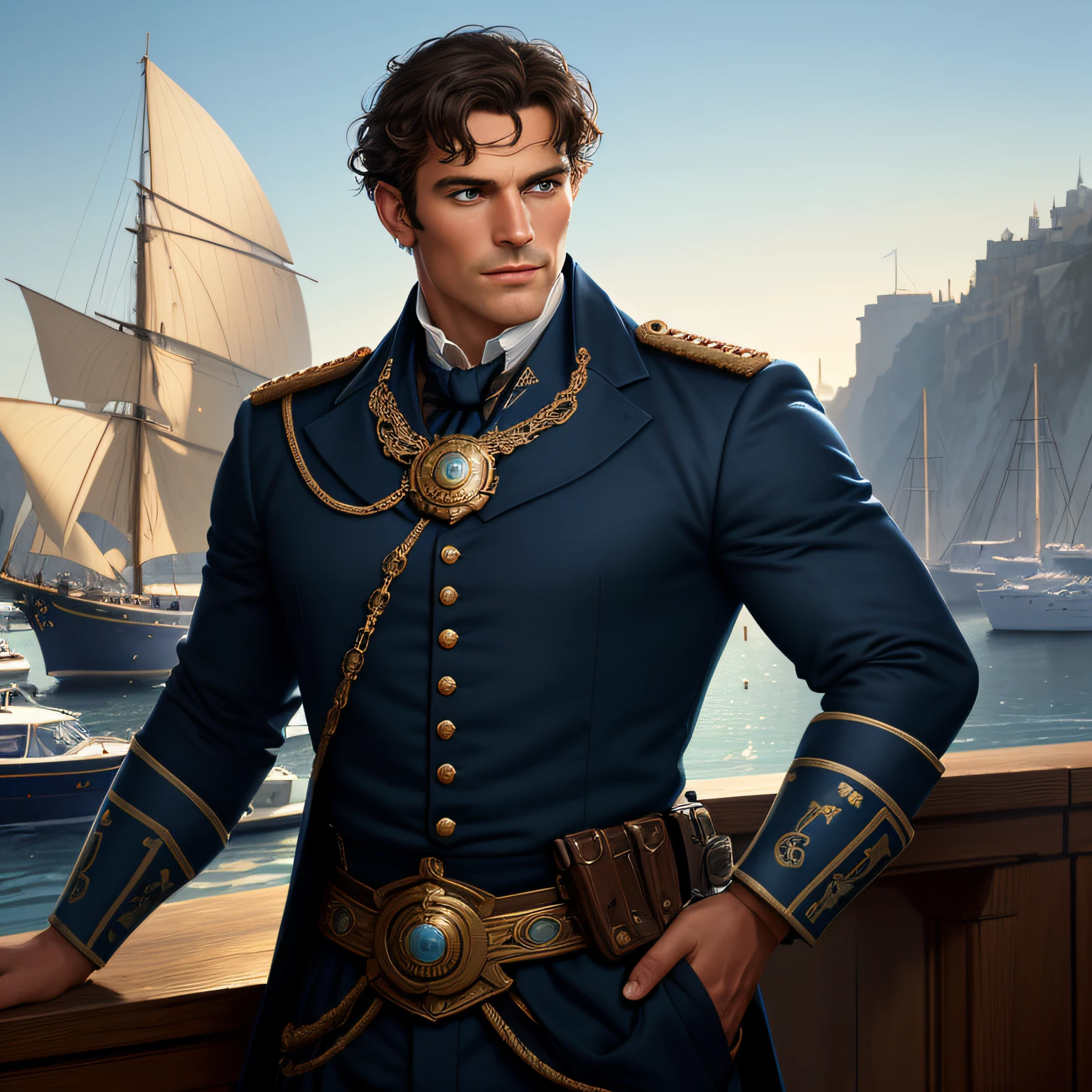 masterpiece stunning tanned and strong man, blue eyes, wearing regency navy uniform, no hat, looking up, ((sunny harbor background)), black very short hair, perfect and detailed warm and gentle blue eyes, little resemblance to henri cavill, full body, cover, hyperdetailed painting, luminism, Bar lighting, complex, 4k resolution concept art portrait by Greg Rutkowski, Artgerm, WLOP, Alphonse Mucha: a stunning realistic photograph 30 years