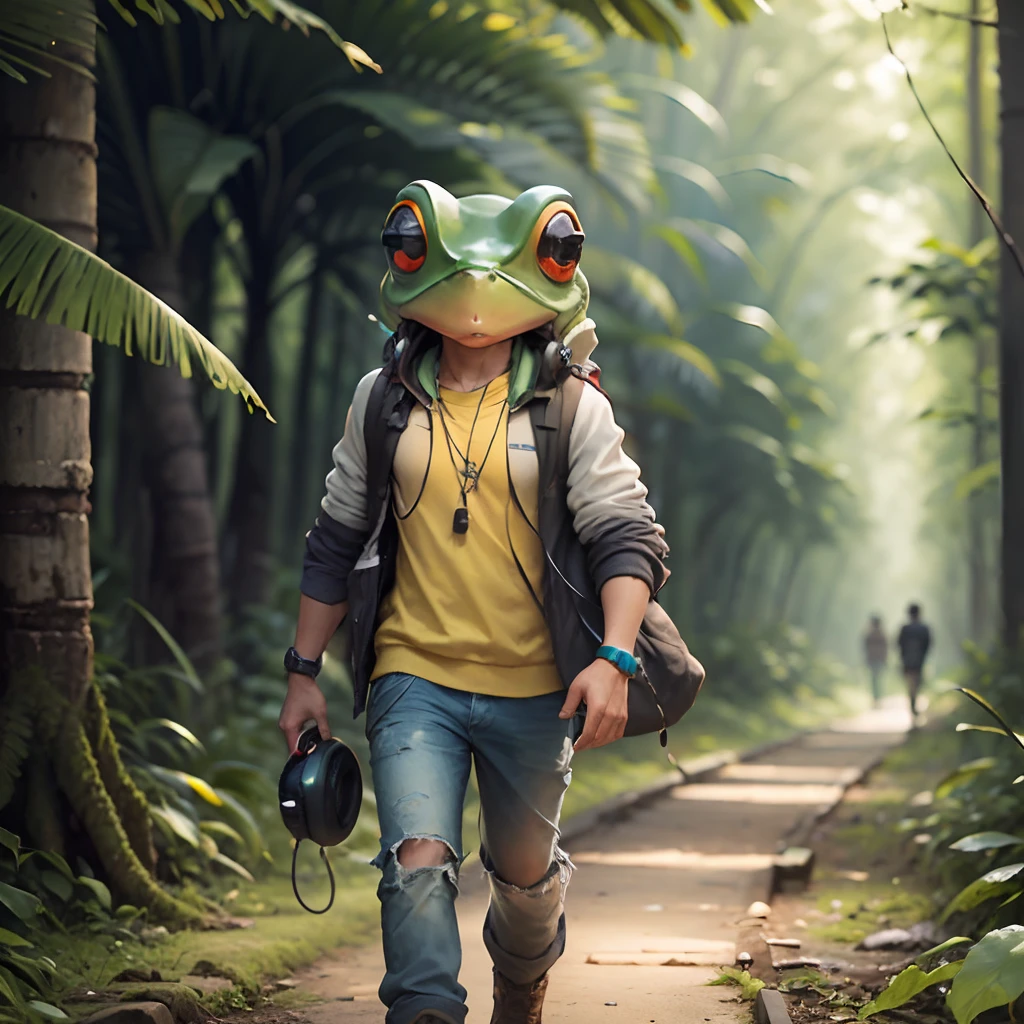 Frog-headed humanoid teenager, walking with headphones on his head, Amazon rainforest --auto --s2