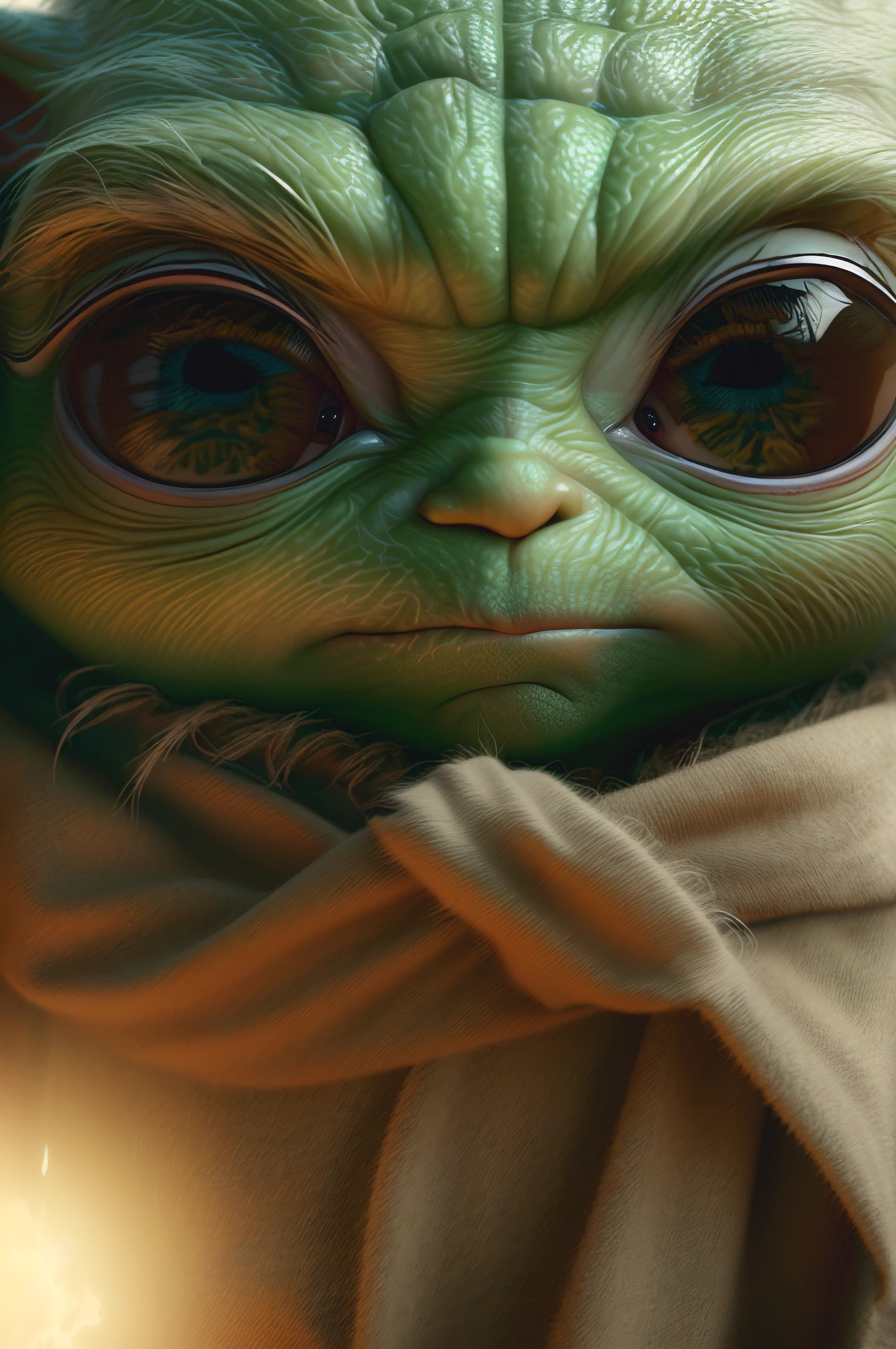 (melhor qualidade,4k,8k,Altas,master part:1.2),ultra-detalhado,(Realistic,fotorrealista,photo-realistic:1.37),(baby yoda,segurando um sabre de luz vermelho),sharpened details,olhos expressivos,detailed facial features,
