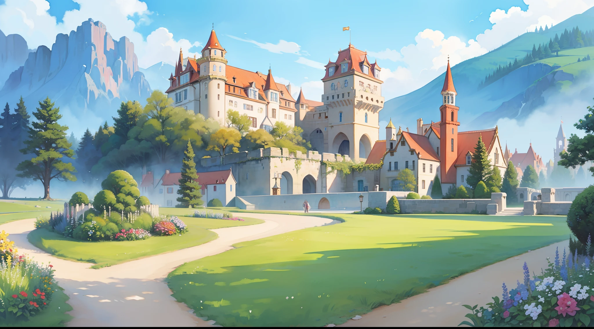 ((picture book illustration)), fantasy landscape, watercolor illustration, whimsical, warm colors, fairytale castle and village, ((princess castle)), fairytale medieval style houses, ((masterpiece)), highly detailed environment