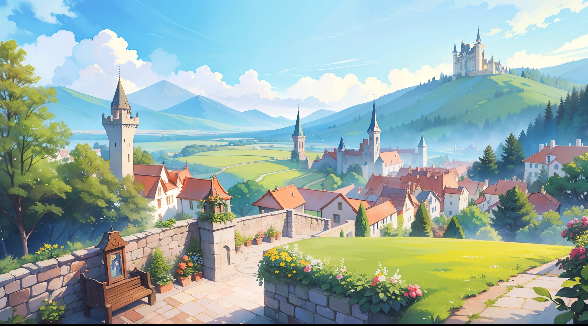 ((picture book illustration)), fantasy landscape, watercolor illustration, whimsical, warm colors, fairytale castle and village, ((princess castle)), fairytale medieval style houses, ((masterpiece)), highly detailed environment