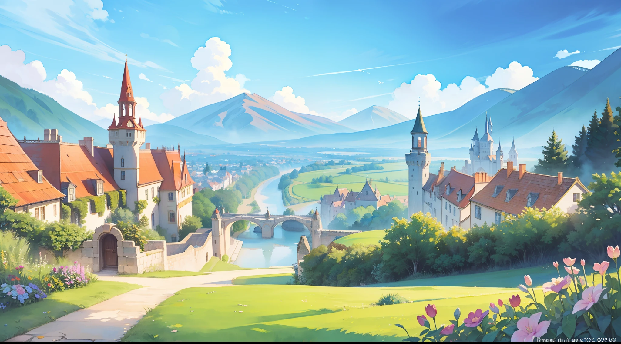 ((picture book illustration)), fantasy landscape, watercolor illustration, whimsical, warm colors, fairytale castle and village, ((princess castle)), fairytale medieval style houses, ((masterpiece)), highly detailed environment