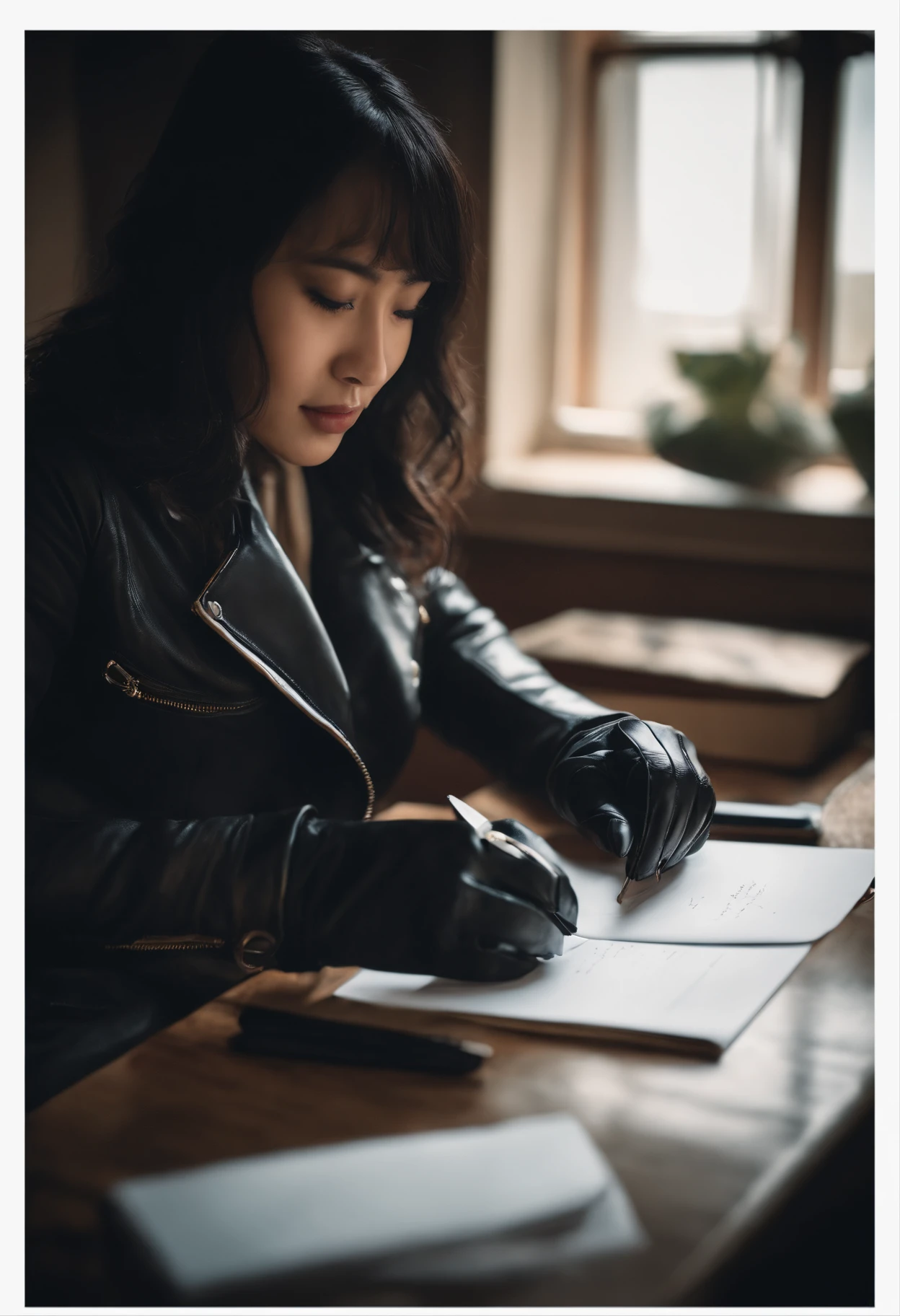 Wearing black leather gloves in both hands, upper body, black leather rider's jacket, facing the desk in the study, looking down and smiling, writing a letter using a fountain pen, black hair long straight, young Japanese woman (black leather gloves cover both hands)