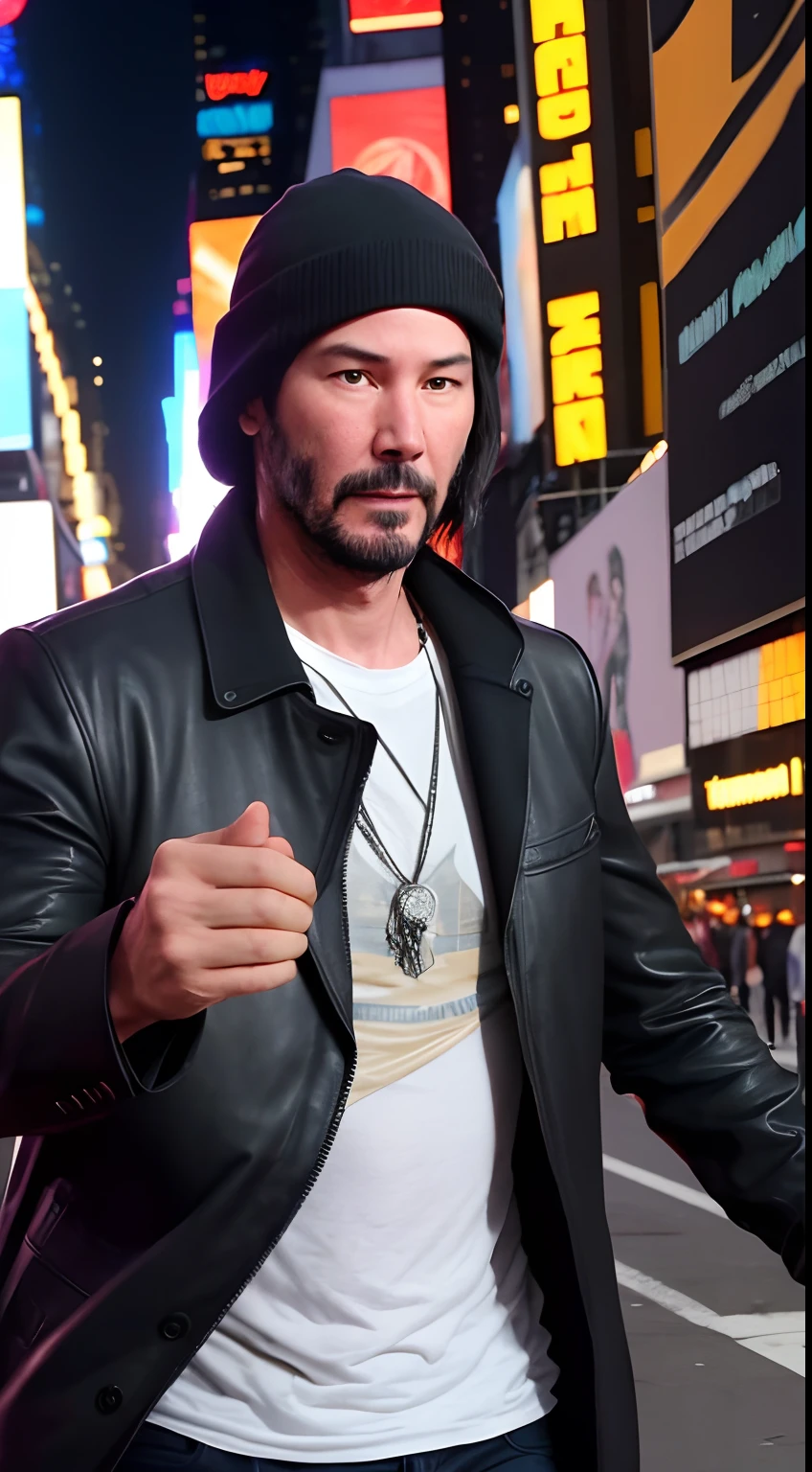 Keanu Reeves com sobretudo preto sentado num banco na times square