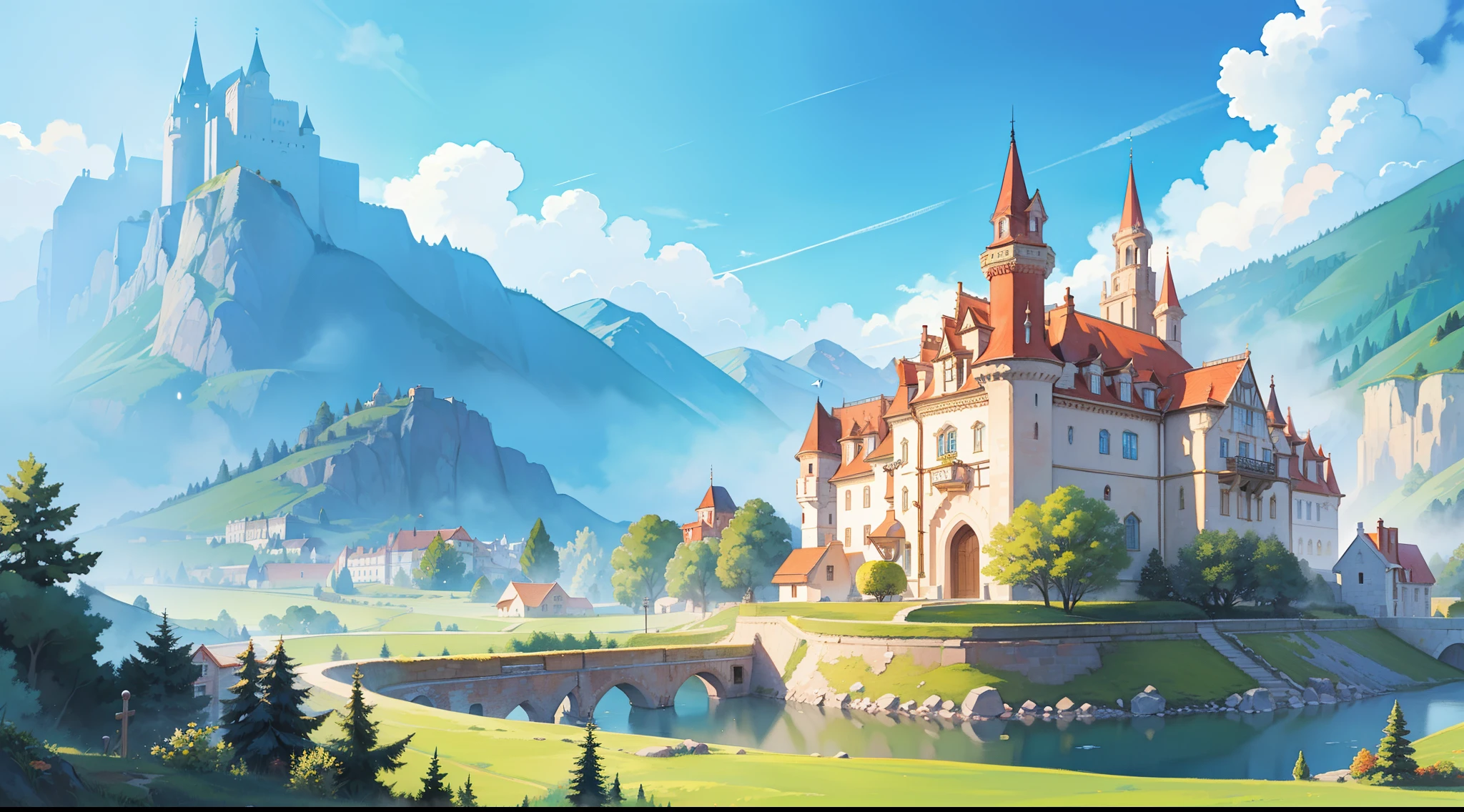 ((picture book illustration)), fantasy landscape, watercolor illustration, whimsical, warm colors, fairytale castle and village, ((princess castle)), fairytale medieval style houses, ((masterpiece)), highly detailed environment