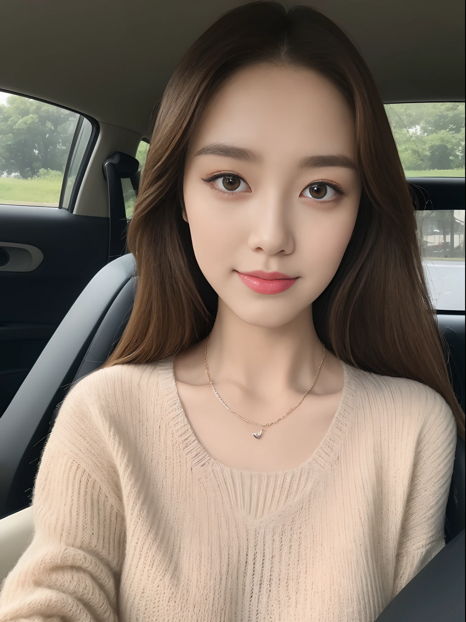 ((Best Quality, 8k, Masterpiece: 1.3)), Focus: 1.2, Perfect Body Beauty: 1.4, Buttocks: 1.2, ((Delicate Hair)), (Sweater Dress: 1.1), (Sports car, street: 1.2), Highly detailed face and skin texture, Fine eyes, Double eyelids, Whitened skin, Smile, Wearing necklace, ring, person sitting inside a car.