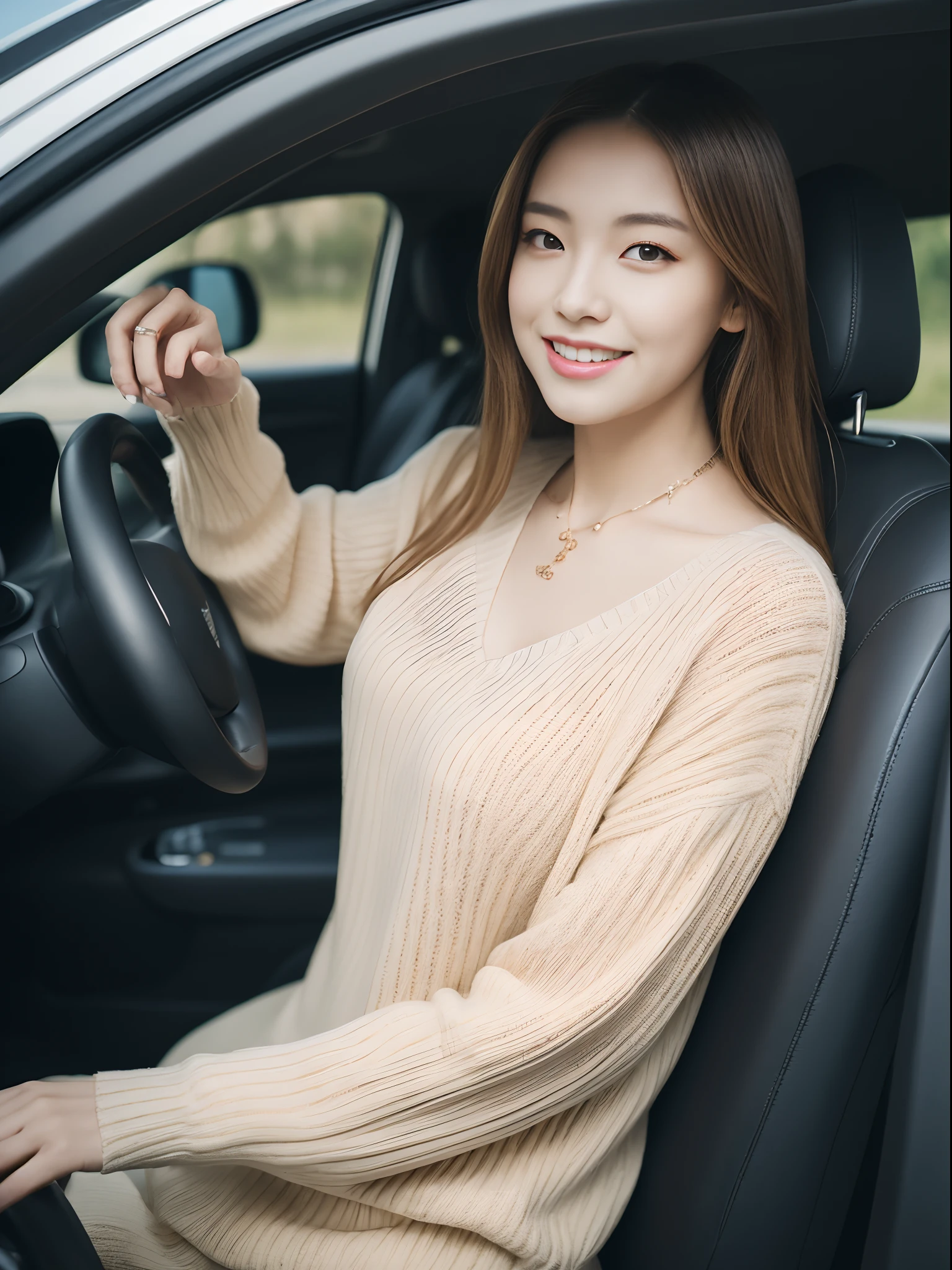 ((Best Quality, 8k, Masterpiece: 1.3)), Focus: 1.2, Perfect Body Beauty: 1.4, Buttocks: 1.2, ((Delicate Hair)), (Sweater Dress: 1.1), (Sports car, street: 1.2), Highly detailed face and skin texture, Fine eyes, Double eyelids, Whitened skin, Smile, Wearing necklace, ring, person sitting inside a car.