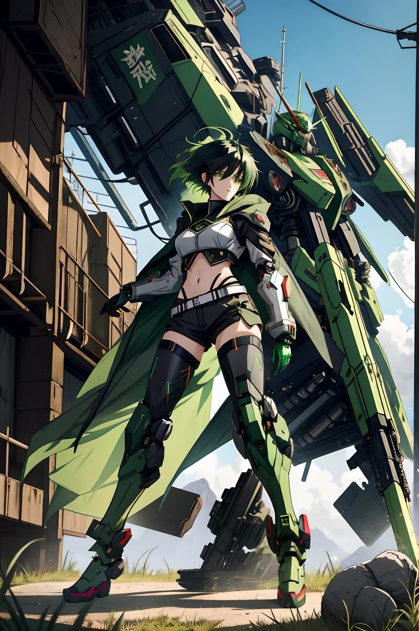Anime girl standing on the ground，Black cape and green hair, rogue anime girl, the anime girl is crouching, Wearing a cloak on the blasted plain, asuka suit under clothes!, holy cyborg necromancer girl, badass posture, mechanic punk outfit, anime styled 3d, render of a cute 3d anime girl, gapmoe yandere grimdark, Female character，musculature，Glowing green eyes，Black hair with green gradient，short detailed hair，Bunched hair，Dull hair，（1.5）Tomboyish，Be red in the face，looking at viewert，There was a mech next to her，One-eyed mech，The mech extends its shield to protect her，Round shield，Humanoid mech，Elaborate Eyes，The left leg is mechanical，Combat posture，Green bandeau，Black hot pants，Tall girls，By mecha，Mermaid line，huge tit，huge breasts1.5