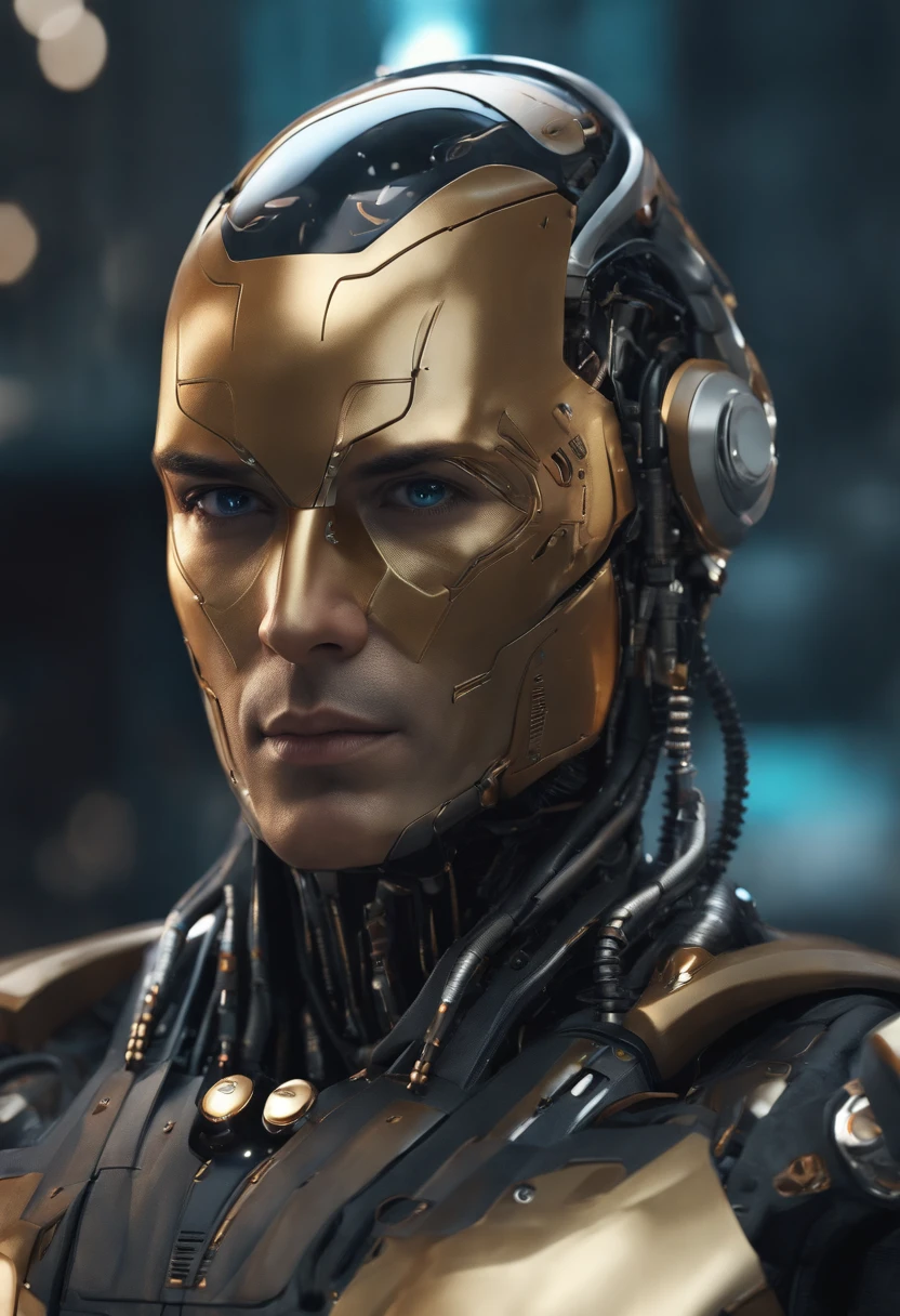 una obra maestra de un hombre ultrarealista muy detallada, con un traje y un cosco espacial de robot intrincado., with robotic parts on your face, El hombre con cabeza de robot, Retrato de un robot futurista, en estilo de beeple, robotic face, Cara cyberpunk, Robot con rostro humano, style hybrid mix of beeple, Retrato de un cyborg, Calle futurista dieselpunk, Estilo beeple, Retrato Hermosa Sci - FI hombre, ltra High Definition, Simple minimum. f/4, 16:9, 5 s ultra high definition, Kinematic,