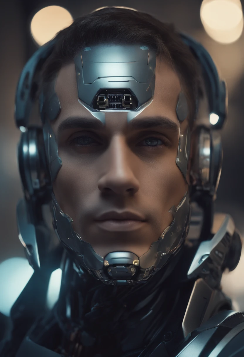 una obra maestra de un hombre ultrarealista muy detallada, con un traje y un cosco espacial de robot intrincado., with robotic parts on your face, El hombre con cabeza de robot, Retrato de un robot futurista, en estilo de beeple, robotic face, Cara cyberpunk, Robot con rostro humano, style hybrid mix of beeple, Retrato de un cyborg, Calle futurista dieselpunk, Estilo beeple, Retrato Hermosa Sci - FI hombre, ltra High Definition, Simple minimum. f/4, 16:9, 5 s ultra high definition, Kinematic,