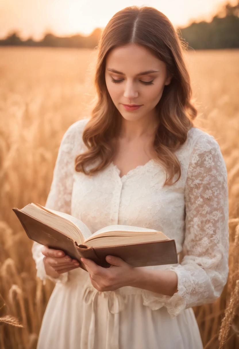 Photo: Christian woman reading the Holy Bible in a field during beautiful sunset concept