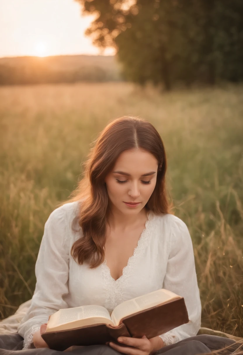 Photo: Christian woman reading the Holy Bible in a field during beautiful sunset concept