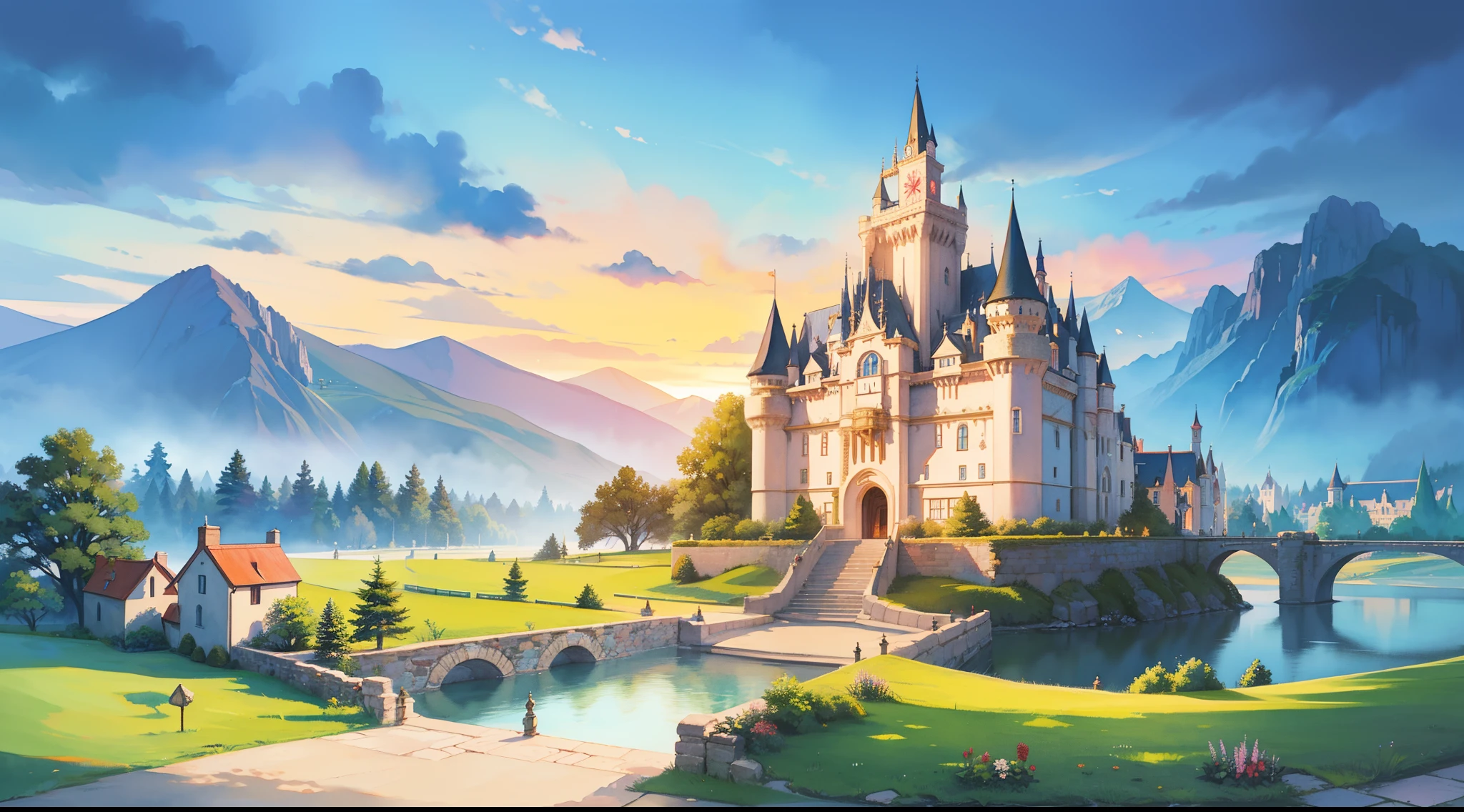 ((picture book illustration)), fantasy landscape, watercolor illustration, whimsical, warm colors, fairytale castle and village, ((princess castle)), fairytale medieval style houses, ((masterpiece)), highly detailed environment