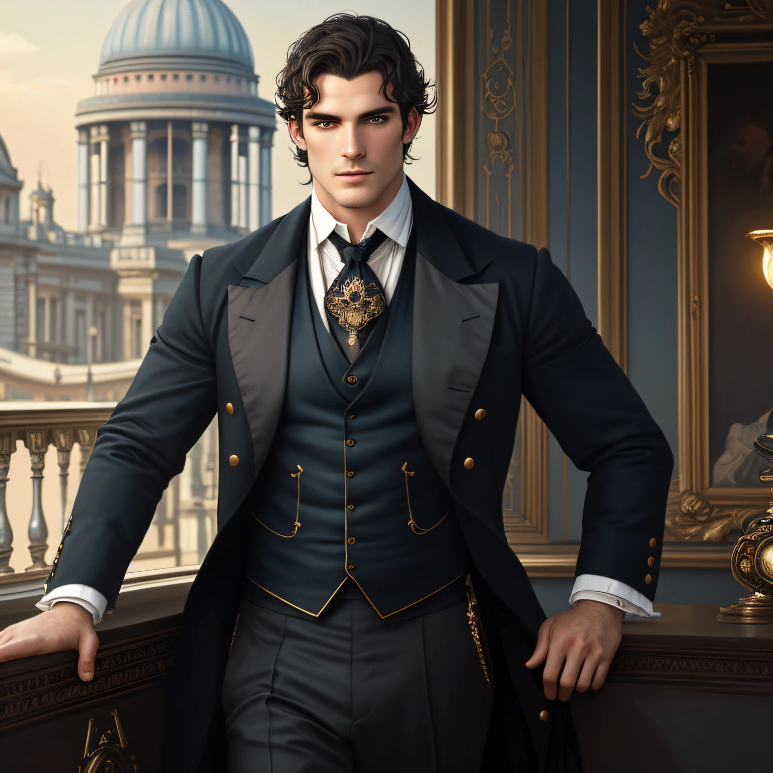 masterpiece stunning beautiful mature slin masculine man, wearing regency man outfit, no hat, ((sunny london background)), black very short hair, perfect, big and detailed blue eyes, resemblance to henri cavill with maxi iglesias, harmonic and detailed face, full body, cover, hyperdetailed painting, luminism, Bar lighting, complex, 4k resolution concept art portrait by Greg Rutkowski, Artgerm, WLOP, Alphonse Mucha: a stunning realistic photograph 30 years