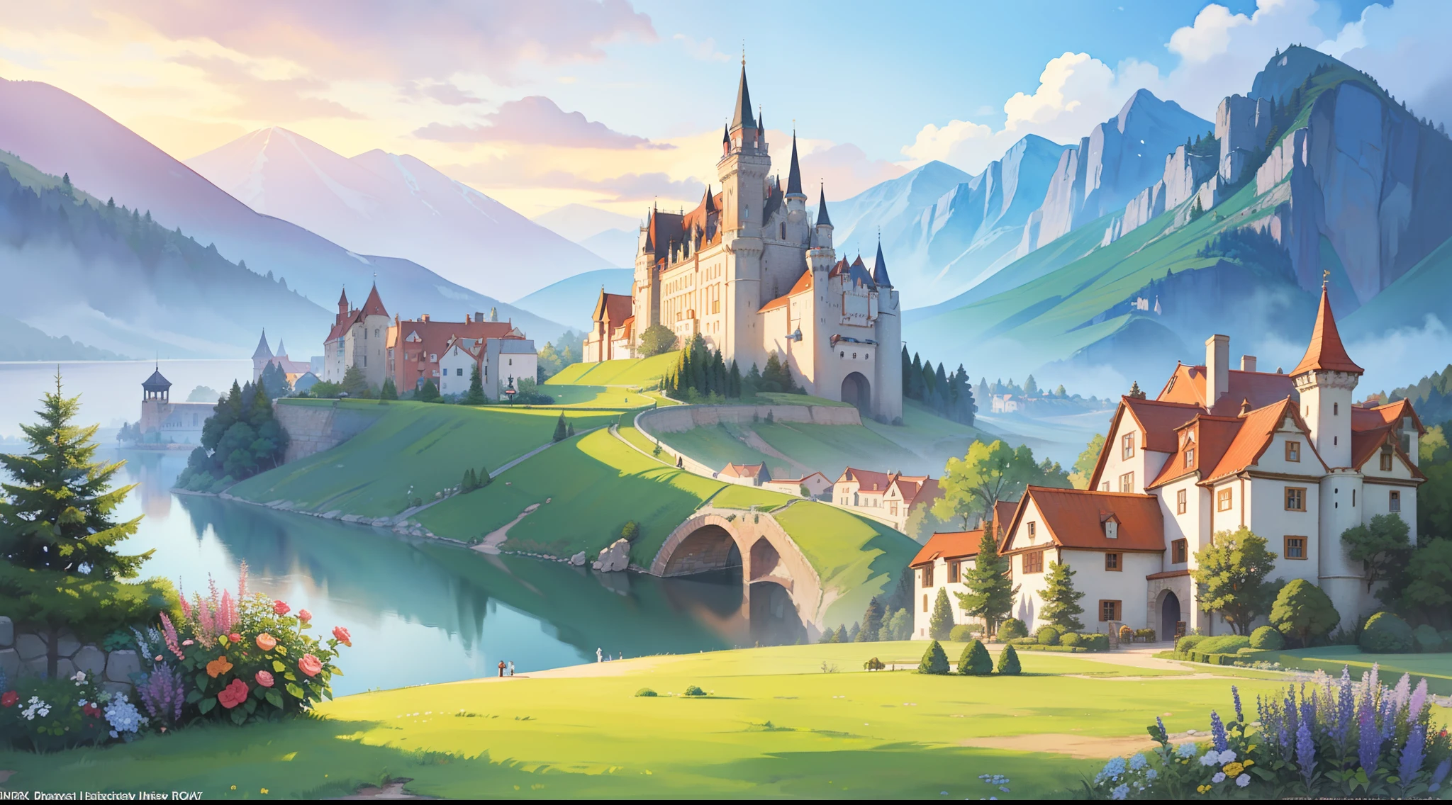 ((picture book illustration)), fantasy landscape, watercolor illustration, whimsical, warm colors, fairytale castle and village, ((princess castle)), fairytale medieval style houses, ((masterpiece)), highly detailed environment
