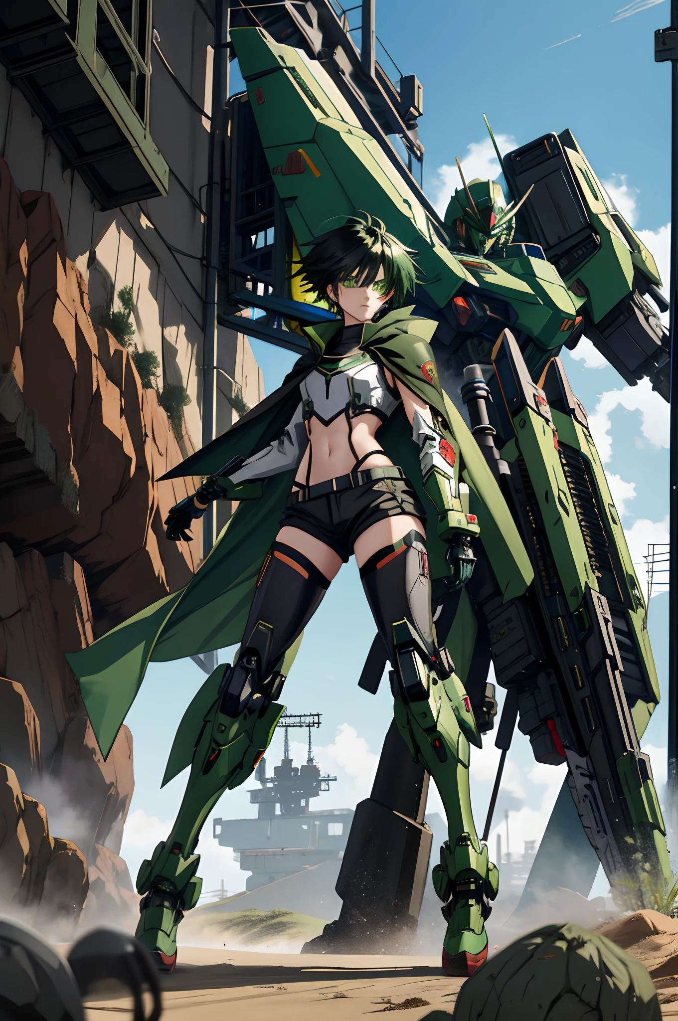 Anime girl standing on the ground,Black cape and green hair, rogue anime girl, the anime girl is crouching, Wearing a cloak on the blasted plain, asuka suit under clothes!, holy cyborg necromancer girl, badass posture, mechanic punk outfit, anime styled 3d, render of a cute 3d anime girl, gapmoe yandere grimdark, Female character,musculature,Glowing green eyes,Black hair with green gradient,short detailed hair,Bunched hair,Dull hair,(1.5)Tomboyish,Be red in the face,looking at viewert,There was a mech next to her,One-eyed mech,The mech extends its shield to protect her,Round shield,Humanoid mech,Elaborate Eyes,The left leg is mechanical,Combat posture,Green bandeau,Black hot pants,Tall girls,By mecha,Mermaid line