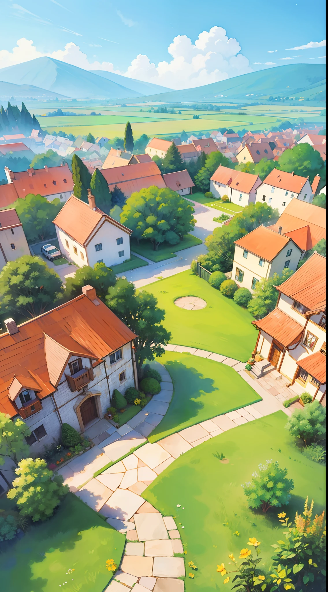 ((picture book illustration)), fantasy landscape, watercolor illustration, whimsical, warm colors, fairytale village, houses, ((masterpiece)), highly detailed environment