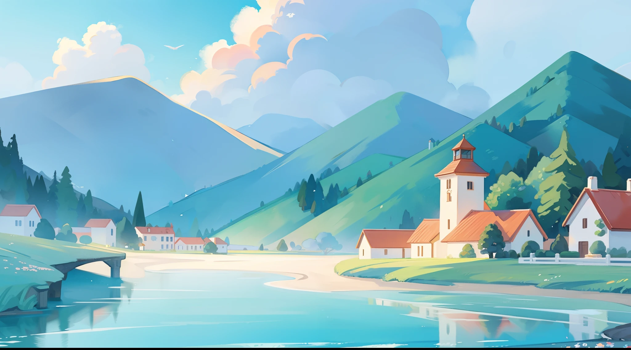 ((picture book illustration)), ocean fantasy, watercolor illustration, whimsical, warm colors, village, houses, huge lighthouse, ((masterpiece)), highly detailed environment