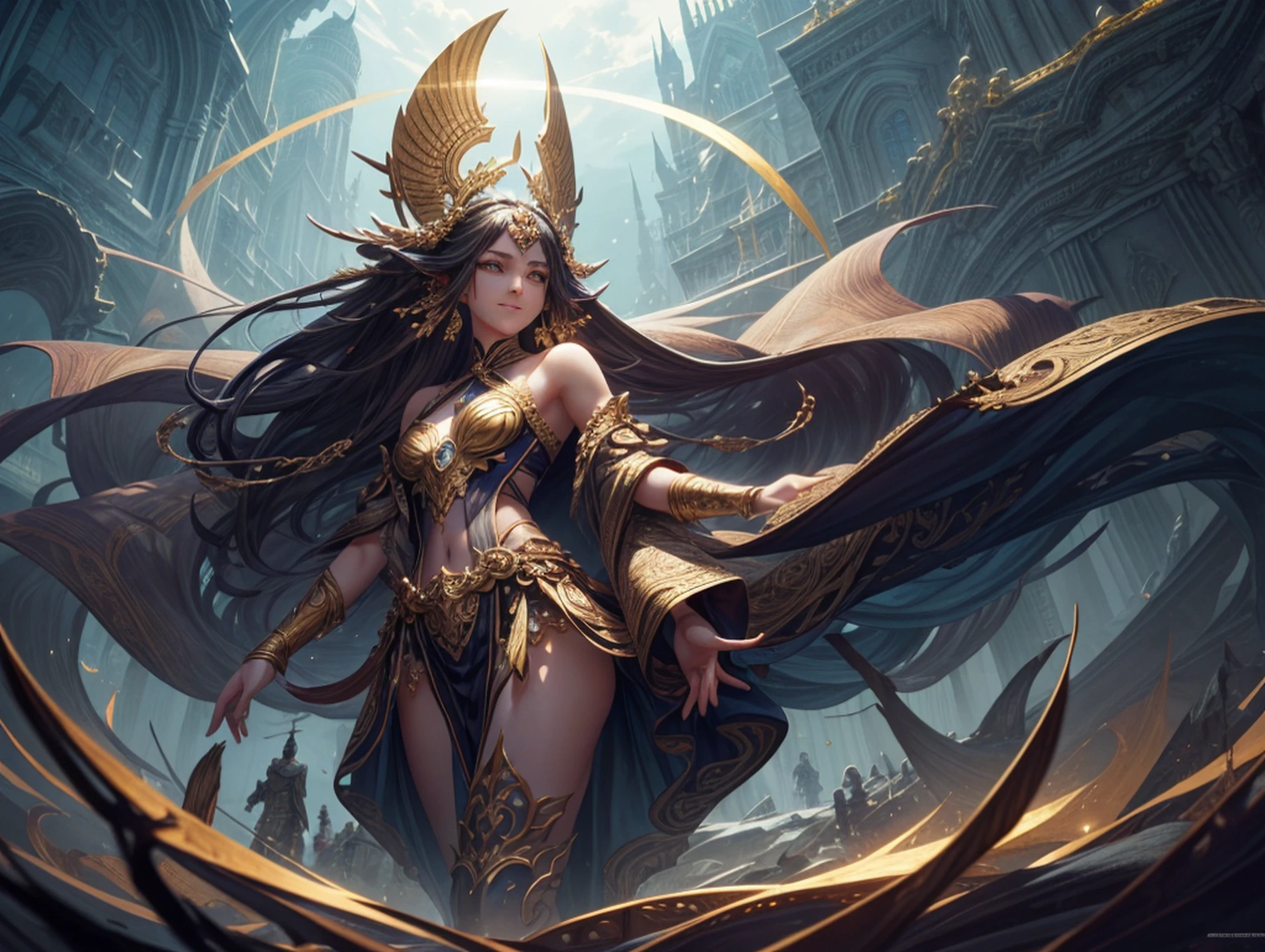 uma mulher em um vestido prateado e azul, corpo inteiro, arte de fantasia detalhada, arte de personagem impressionante, epic and exquisite character art, bela armadura da rainha, arte extremamente detalhada 8k, numa paisagem extremamente detalhada 8k, --auto