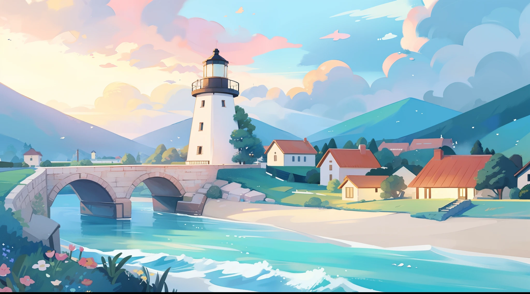 ((picture book illustration)), ocean fantasy, watercolor illustration, whimsical, warm colors, village, houses, huge lighthouse, ((masterpiece)), highly detailed environment