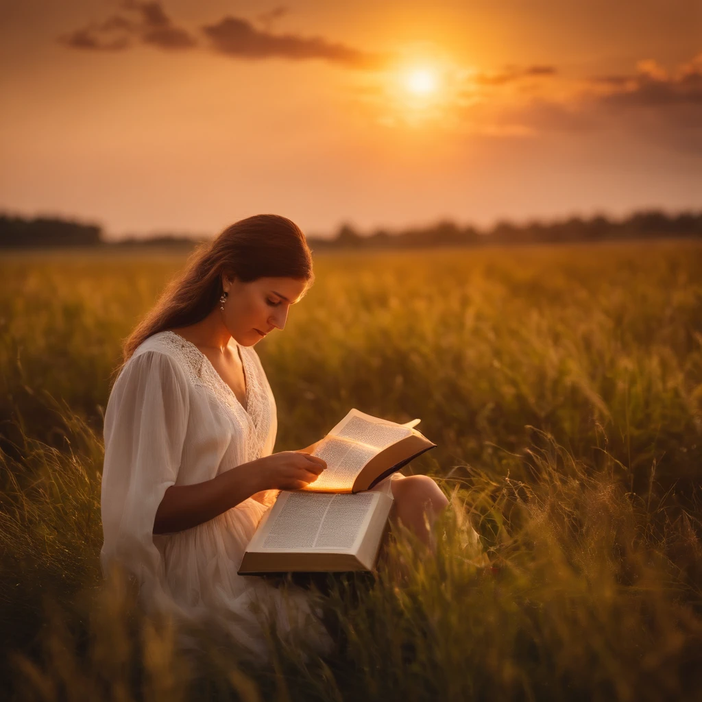 Photo: Christian woman reading the Holy Bible in a field during beautiful sunset concept