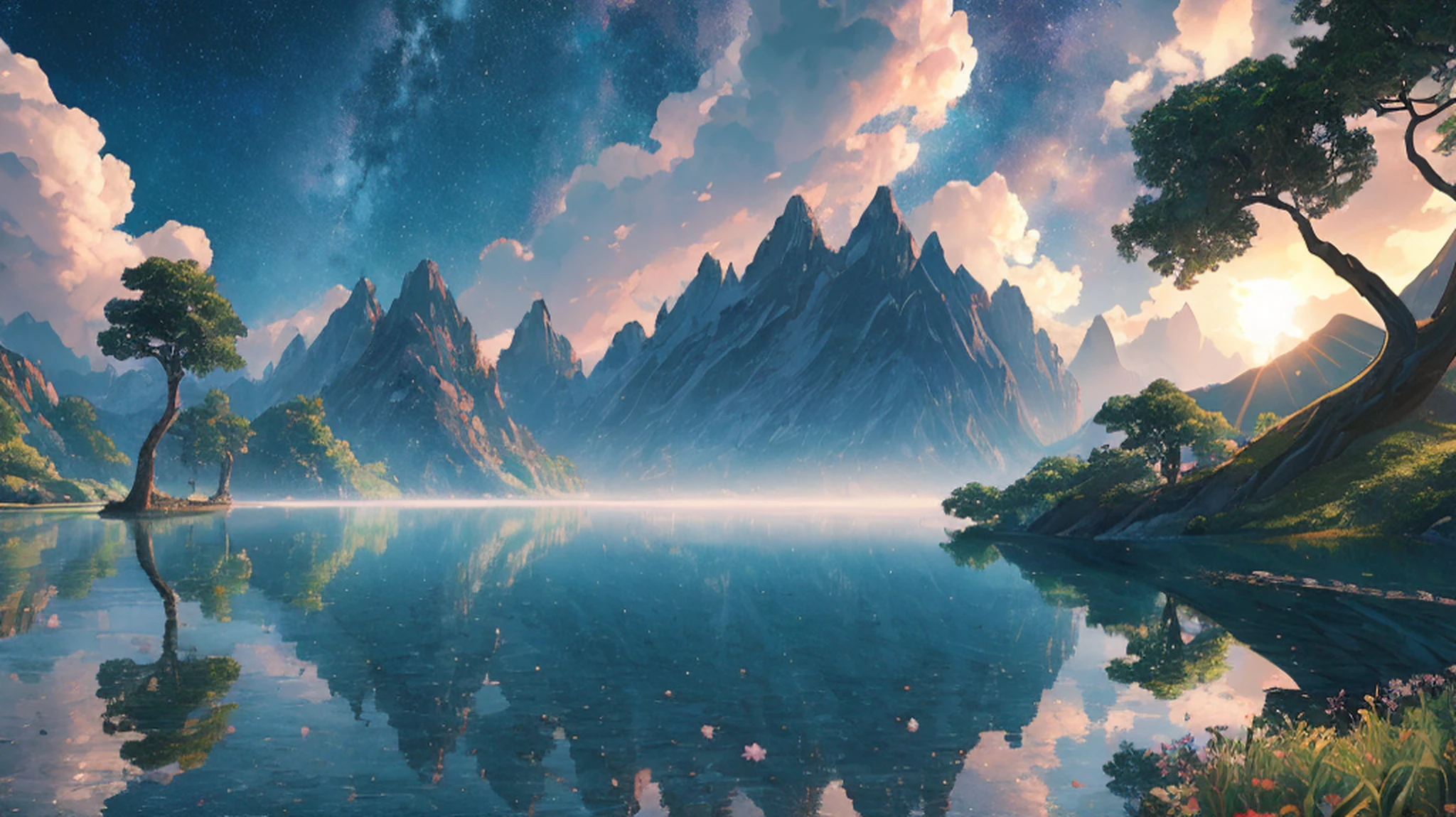 uma mulher em um vestido prateado e azul, corpo inteiro, arte de fantasia detalhada, arte de personagem impressionante, epic and exquisite character art, bela armadura da rainha, arte extremamente detalhada 8k, numa paisagem extremamente detalhada 8k, mountains and a lake with a moon in the sky, 4k arte digital altamente detalhada, 4k hd wallpaper muito detalhado, paisagem de fantasia impressionante, sci-fi fantasia desktop wallpaper, unreal engine papel de parede 4k, 4k arte digital detalhada, papel de parede de fantasia sci-fi, epic landscape of dreamlike fantasy, 4k hd matte pintura digital, 8k arte impressionante --auto