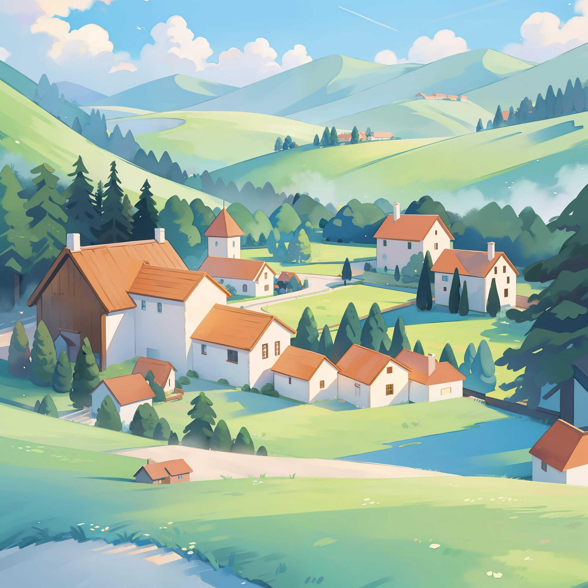 ((picture book illustration)), fantasy landscape, watercolor illustration, whimsical, warm colors, fairytale village, houses, ((masterpiece)), highly detailed environment