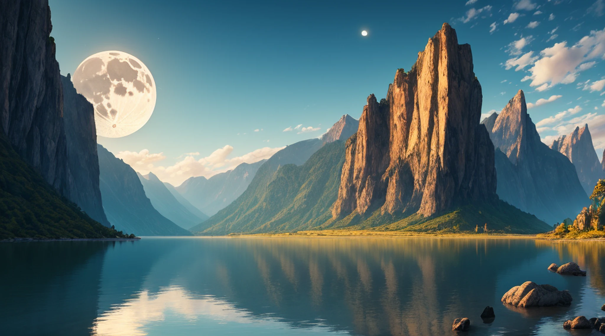 uma mulher em um vestido prateado e azul, corpo inteiro, arte de fantasia detalhada, arte de personagem impressionante, epic and exquisite character art, bela armadura da rainha, arte extremamente detalhada 8k, numa paisagem extremamente detalhada 8k, mountains and a lake with a moon in the sky, 4k arte digital altamente detalhada, muito detalhado, paisagem de fantasia impressionante, Epic landscape of dreamlike fantasy 4K, 8k arte impressionante --auto