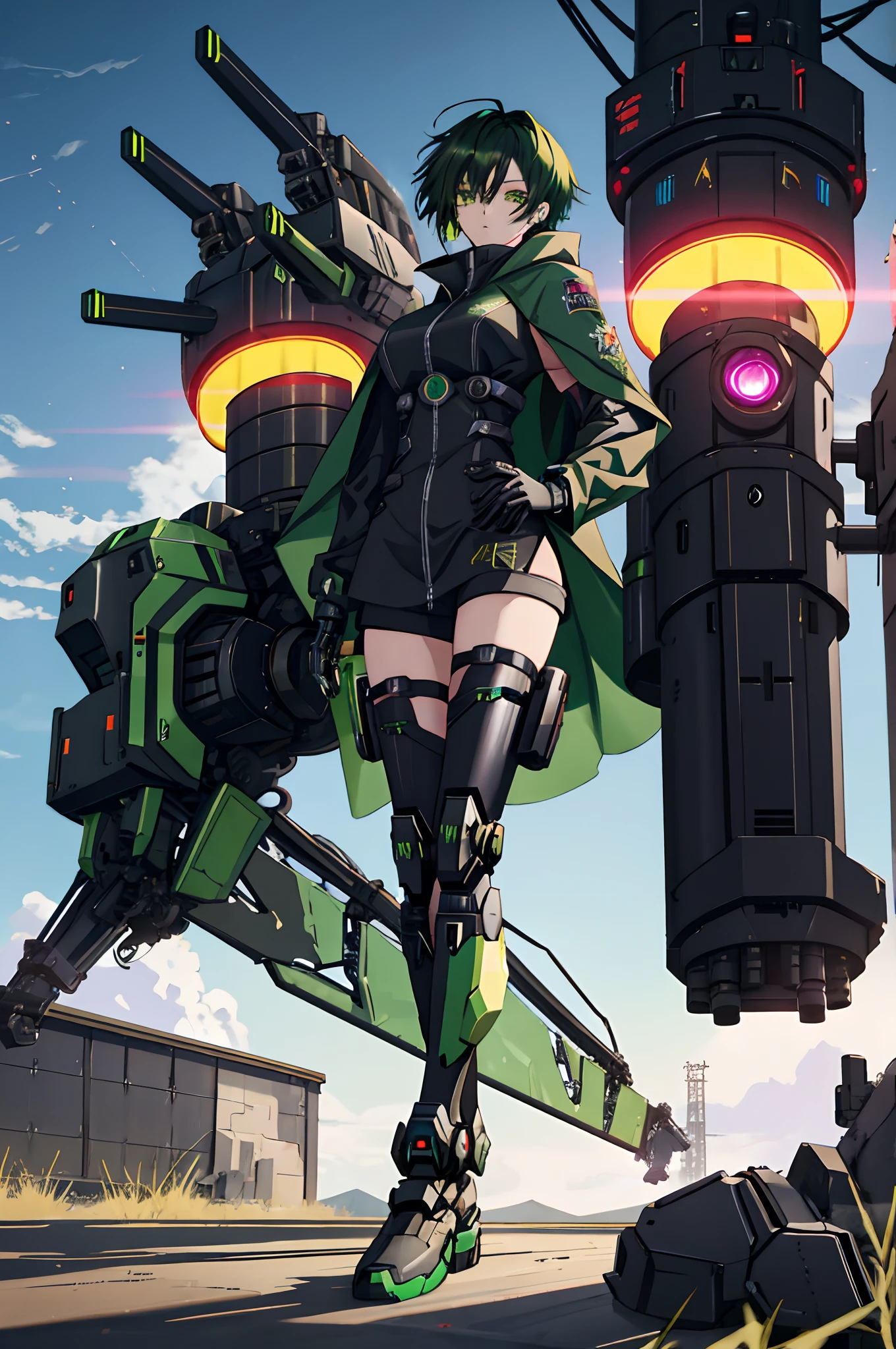 Anime girl sitting on the ground，Black cape and green hair, rogue anime girl, the anime girl is crouching, Wearing a cloak on the blasted plain, asuka suit under clothes!, holy cyborg necromancer girl, badass posture, mechanic punk outfit, anime styled 3d, render of a cute 3d anime girl, gapmoe yandere grimdark, Female character，musculature，Abs，Glowing green eyes，Black hair with green gradient，short detailed hair，Bunched hair，Dull hair，（1.5），Tomboyish，Be red in the face，looking at viewert，There was a mech next to her，One-eyed mech，The mech extends its shield to protect her，Black color mecha，Elaborate Eyes，Black mechanical legs，There is a hole in the wall，huge tit，huge breasts1.5，The mech is connected to the chopper，Snap your fingers