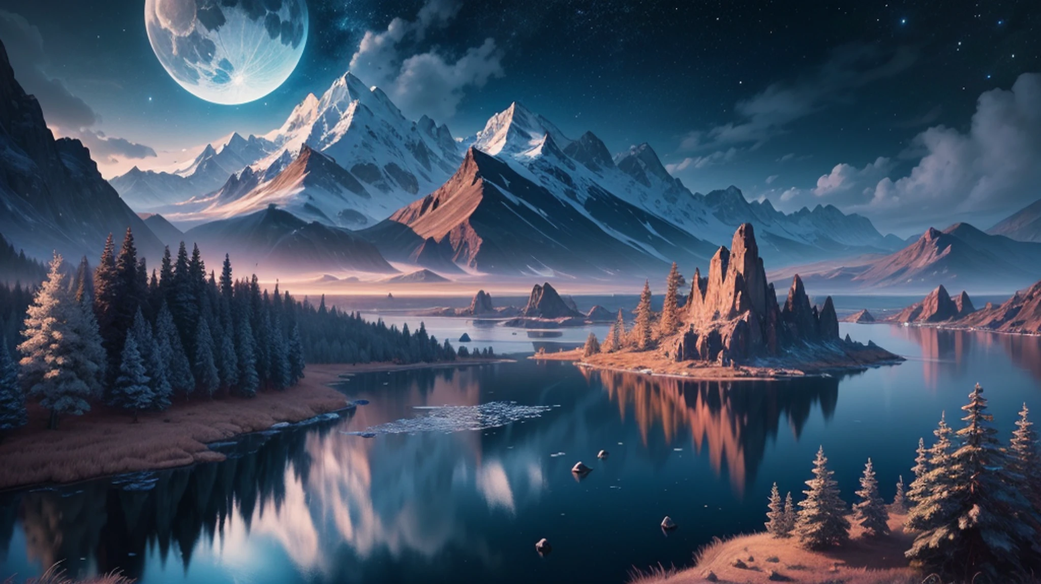 uma mulher em um vestido prateado e azul, corpo inteiro, arte de fantasia detalhada, arte de personagem impressionante, epic and exquisite character art, bela armadura da rainha, arte extremamente detalhada 8k, numa paisagem extremamente detalhada 8k, mountains and a lake with a moon in the sky, 4k arte digital altamente detalhada, muito detalhado, paisagem de fantasia impressionante, Epic landscape of dreamlike fantasy 4K, 8k arte impressionante --auto