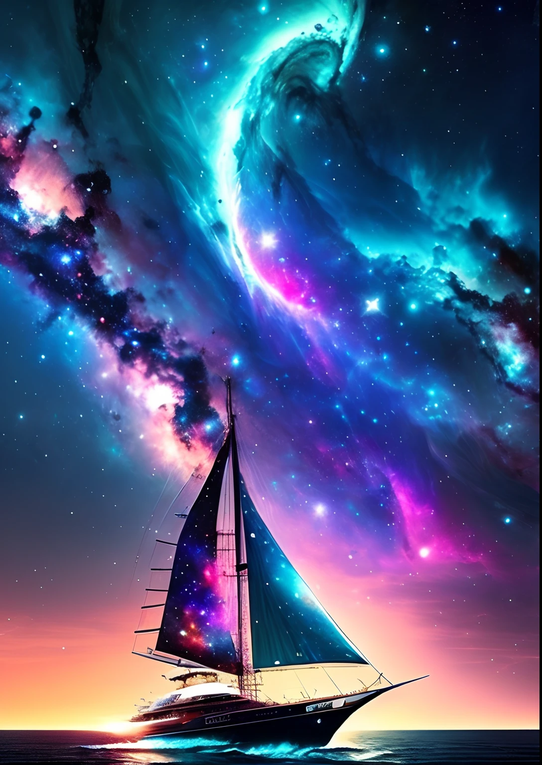 dreamlikeart, galaxy, outer space, nebula, star, [cyberpunked] Sailboats from the stars (star:1.5),