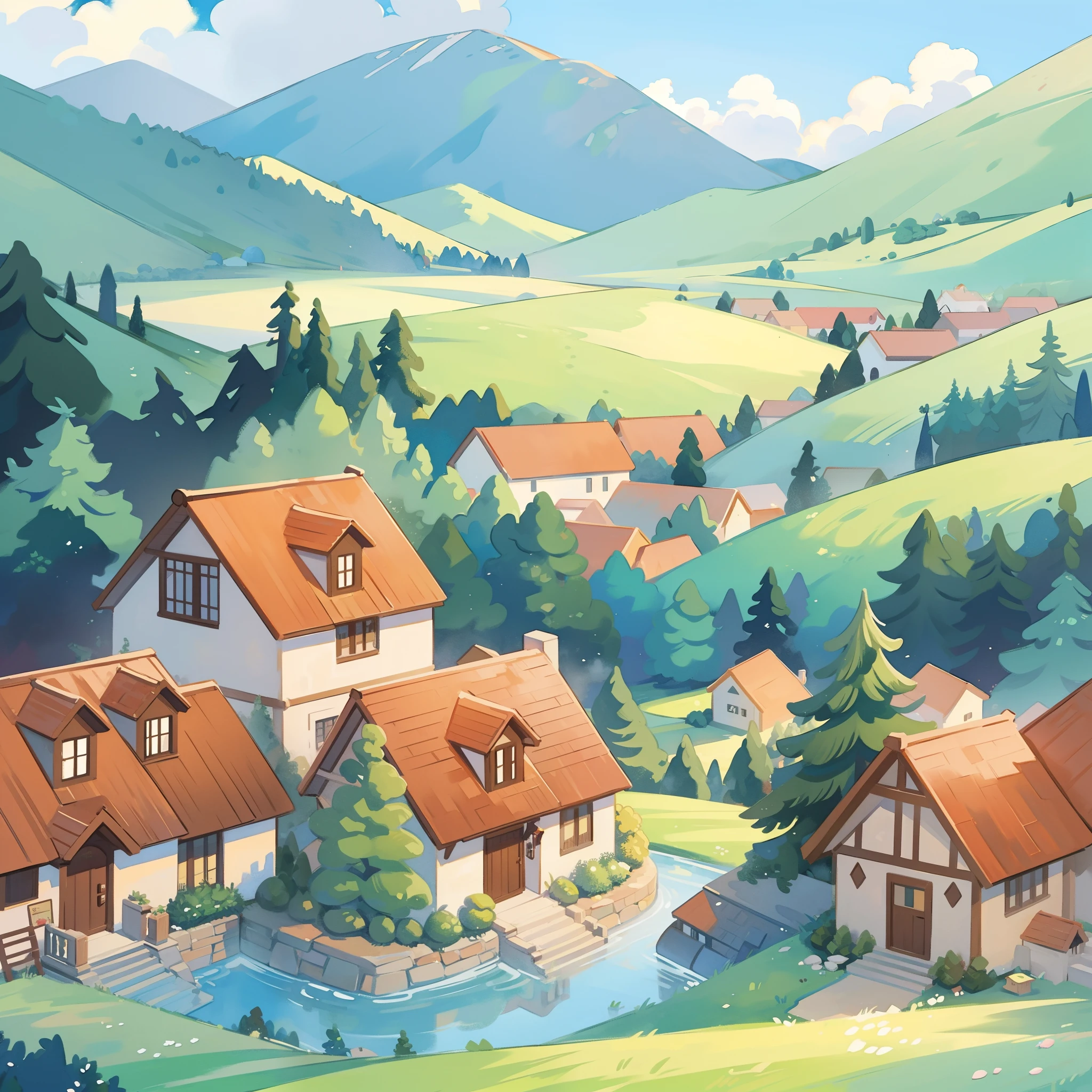((picture book illustration)), fantasy landscape, watercolor illustration, whimsical, warm colors, fairytale village, houses, ((masterpiece)), highly detailed environment