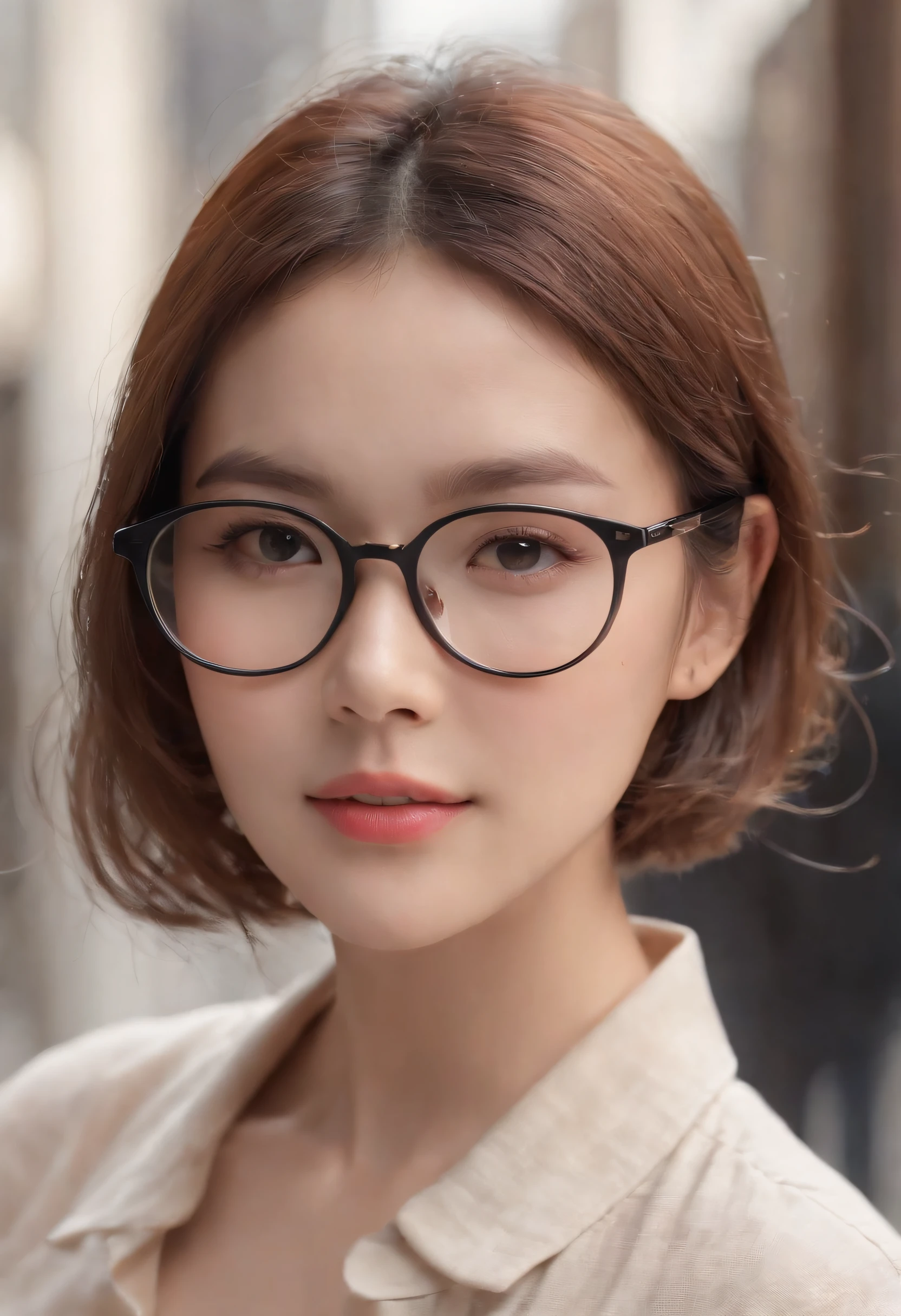 Close-up portrait of a young East Asian woman with long black hair and round gold-rimmed glasses. She is wearing a black suit jacket. Her expression is serious, looking directly at the camera. Pale skin with red lips. Background is blurred, suggesting an indoor setting. Soft, natural lighting. High-resolution, detailed image with sharp focus on the face
