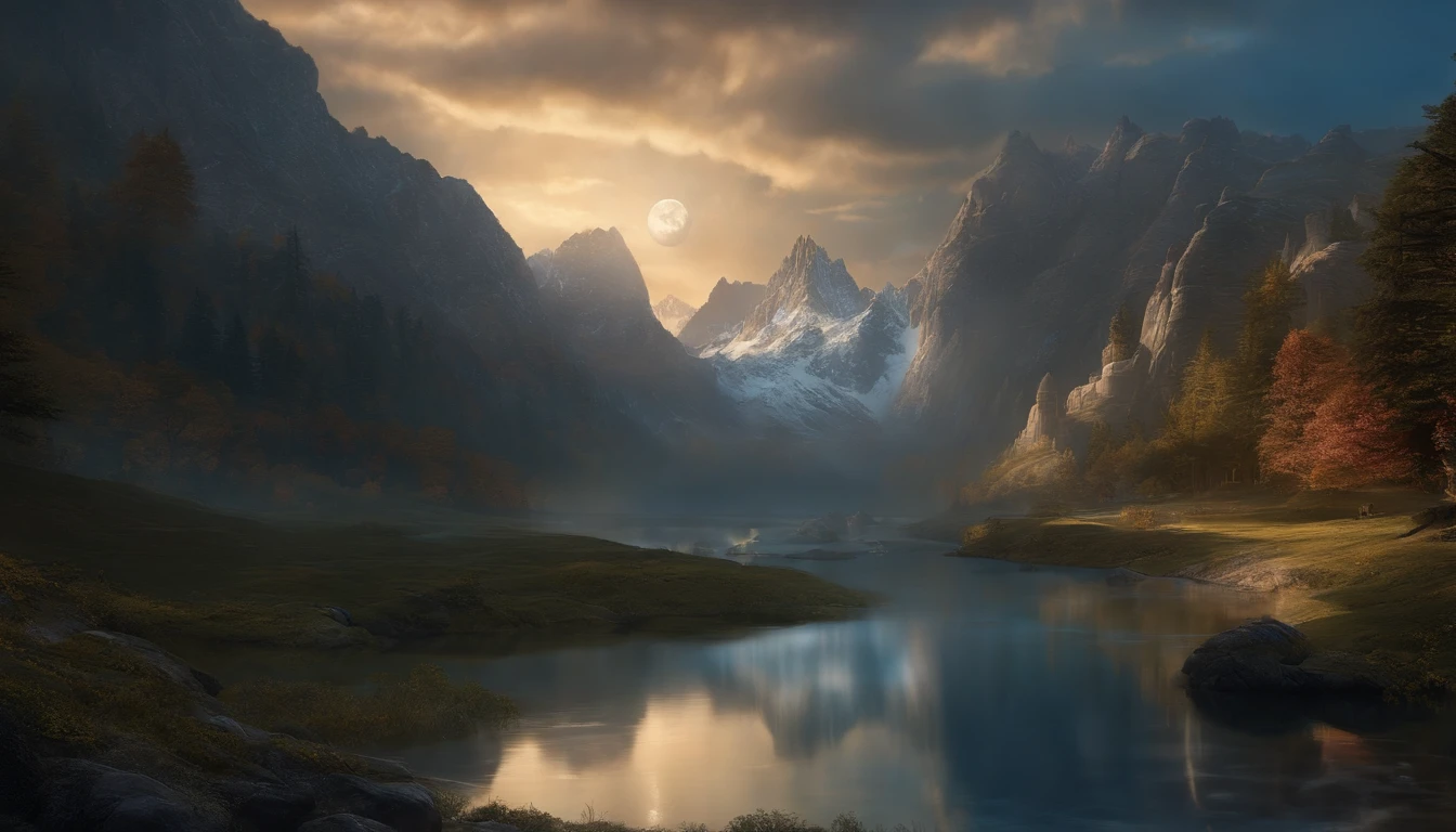 uma mulher em um vestido prateado e azul, corpo inteiro, arte de fantasia detalhada, arte de personagem impressionante, epic and exquisite character art, bela armadura da rainha, arte extremamente detalhada 8k, numa paisagem extremamente detalhada 8k, mountains and a lake with a moon in the sky, 4k arte digital altamente detalhada, muito detalhado, paisagem de fantasia impressionante, Epic landscape of dreamlike fantasy 4K, 8k arte impressionante