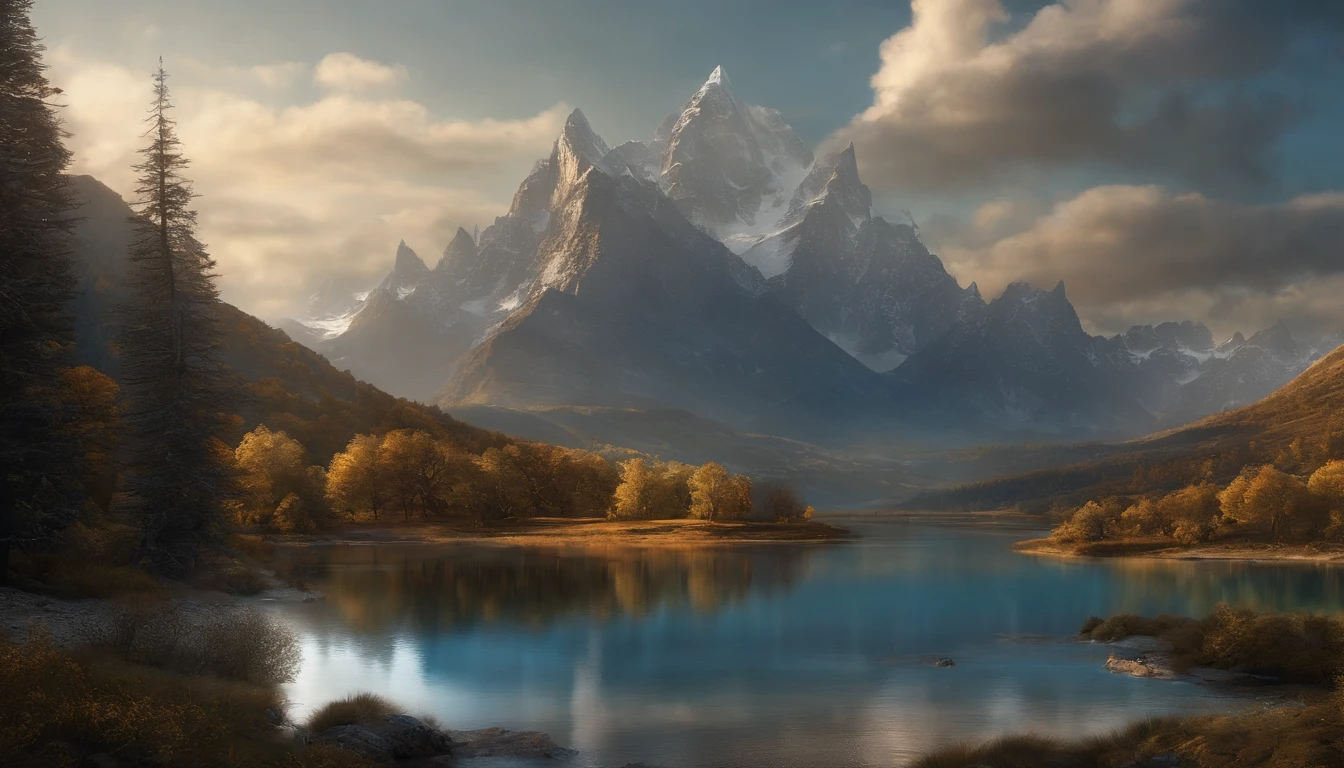 uma mulher em um vestido prateado e azul, corpo inteiro, arte de fantasia detalhada, arte de personagem impressionante, epic and exquisite character art, bela armadura da rainha, arte extremamente detalhada 8k, numa paisagem extremamente detalhada 8k, mountains and a lake with a moon in the sky, 4k arte digital altamente detalhada, muito detalhado, paisagem de fantasia impressionante, Epic landscape of dreamlike fantasy 4K, 8k arte impressionante