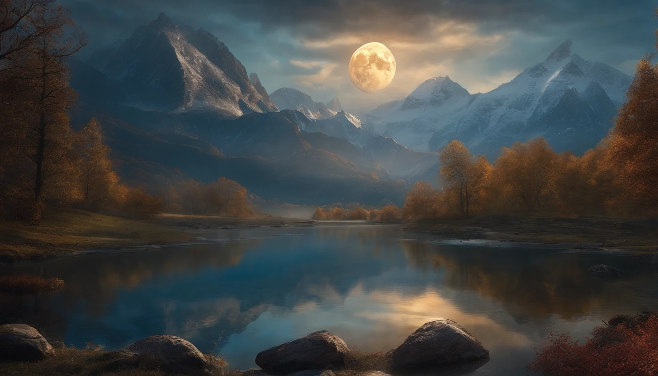 uma mulher em um vestido prateado e azul, corpo inteiro, arte de fantasia detalhada, arte de personagem impressionante, epic and exquisite character art, bela armadura da rainha, arte extremamente detalhada 8k, numa paisagem extremamente detalhada 8k, mountains and a lake with a moon in the sky, 4k arte digital altamente detalhada, muito detalhado, paisagem de fantasia impressionante, Epic landscape of dreamlike fantasy 4K, 8k arte impressionante