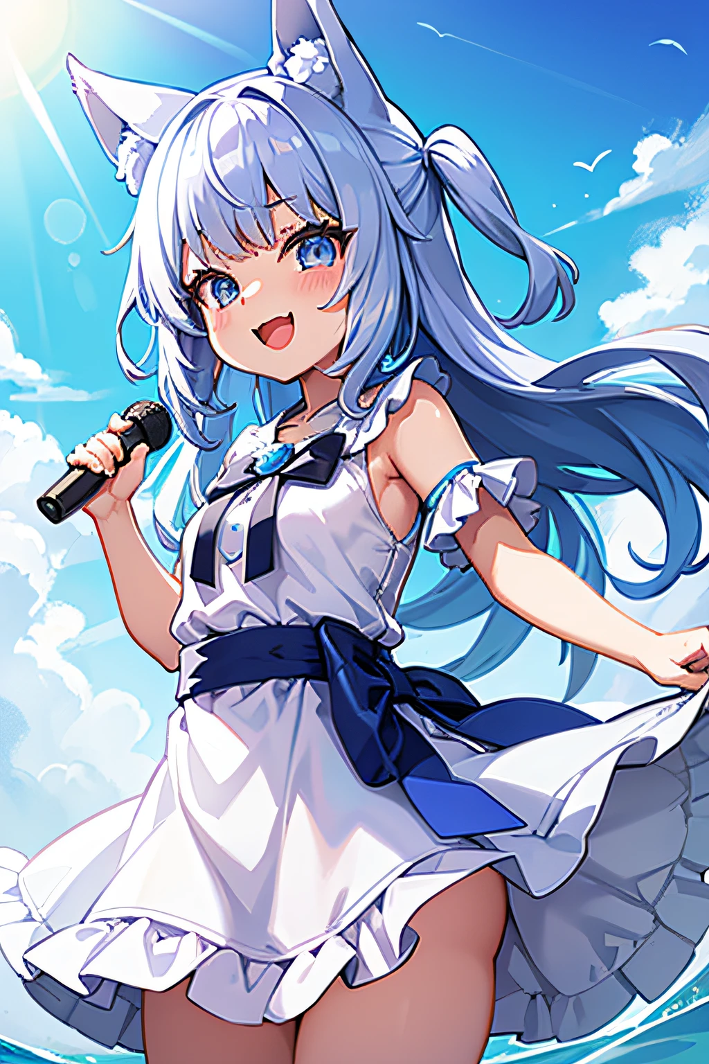 Super ultra happy cute little girl, with wolf ears and blue hair, holding her cheeks, wolf tail, wearing a white summer dress, looking at veiwer