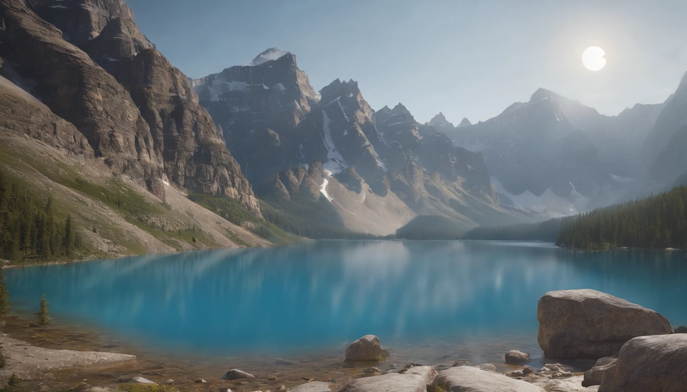 uma mulher em um vestido prateado e azul, corpo inteiro, arte de fantasia detalhada, arte de personagem impressionante, epic and exquisite character art, bela armadura da rainha, arte extremamente detalhada 8k, numa paisagem extremamente detalhada 8k, mountains and a lake with a moon in the sky, 4k arte digital altamente detalhada, muito detalhado, paisagem de fantasia impressionante, Epic landscape of dreamlike fantasy 4K, 8k arte impressionante
