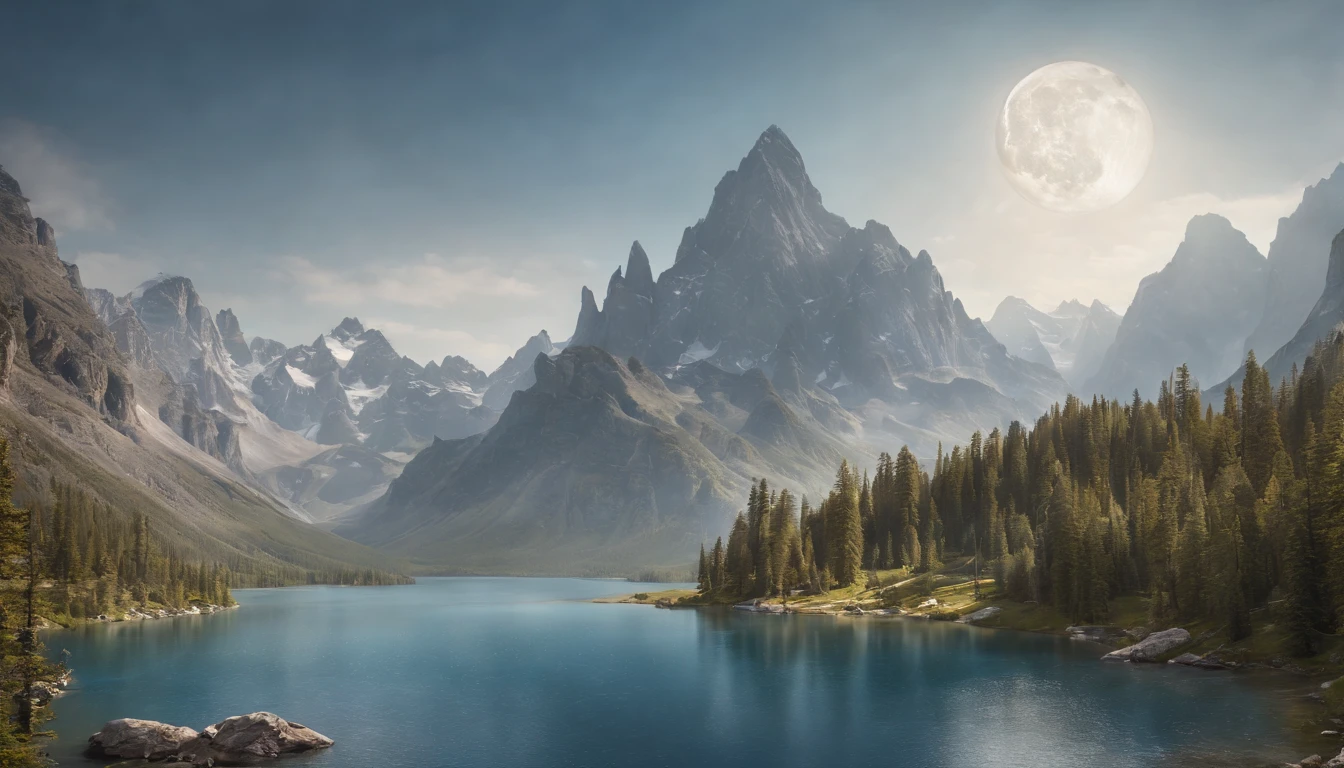 uma mulher em um vestido prateado e azul, corpo inteiro, arte de fantasia detalhada, arte de personagem impressionante, epic and exquisite character art, bela armadura da rainha, arte extremamente detalhada 8k, numa paisagem extremamente detalhada 8k, mountains and a lake with a moon in the sky, 4k arte digital altamente detalhada, muito detalhado, paisagem de fantasia impressionante, Epic landscape of dreamlike fantasy 4K, 8k arte impressionante