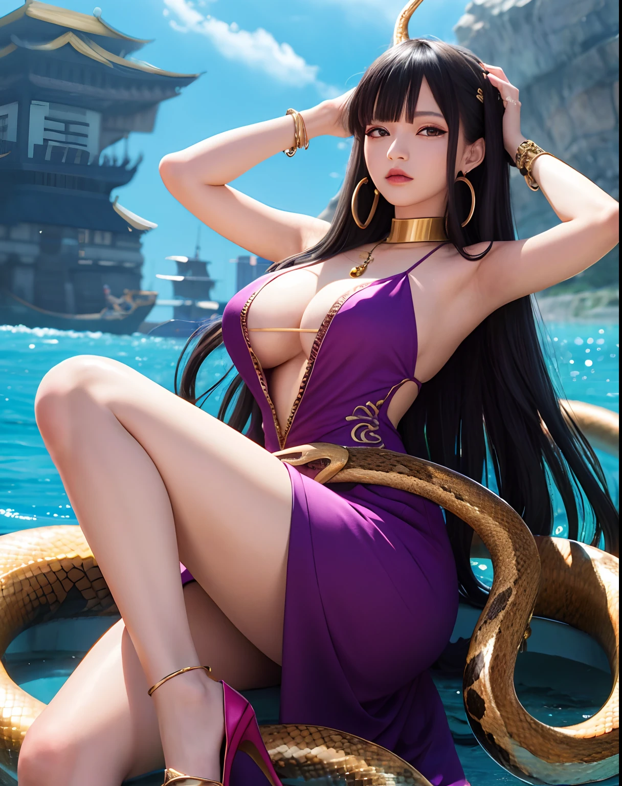 One Piece anime character，Boya Hancock，Preserve character details，Wear thick gold snake earrings on your ears，Qi bangs long black hair，Wearing a long dress with purple dragon pattern slits，Wear red high heels on your feet，Surrounded by a large snake，Sea backgroun，pirate ships，ultra-realistic realism,angle of view, Atmospheric perspective, 8K, Super detail, ccurate, Best quality