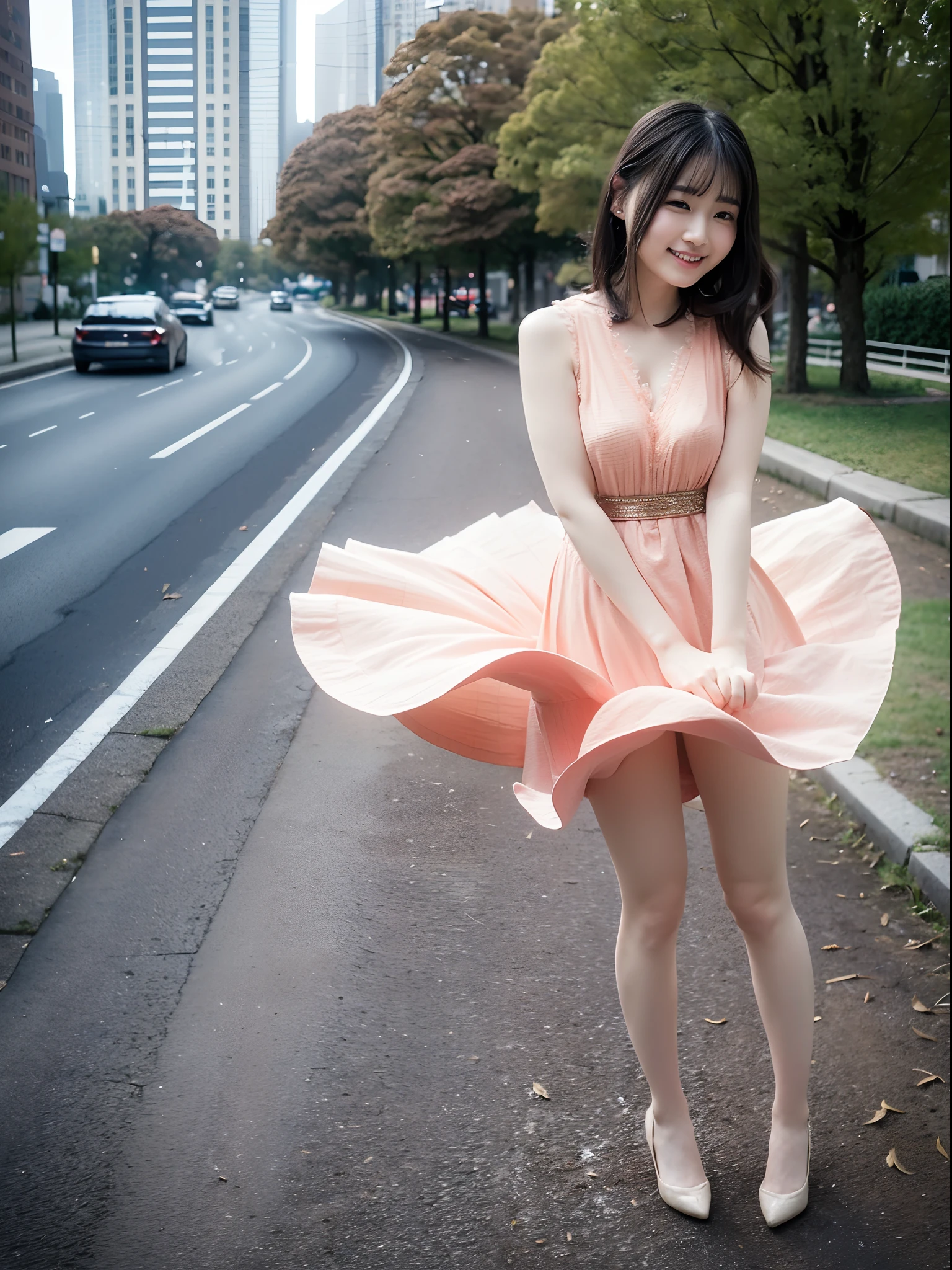 (Best quality, 8k, 32k, Masterpiece, UHD:1.2),Photo of Pretty Japanese woman,(sad smile,blush:1.1),looking at viewer,(beautiful detailed dress skirt:1.2),detailed legs,(spread legs:0.9),(lace panties:0.9),(wind lift:1.6), full body,windy,city,outdoors