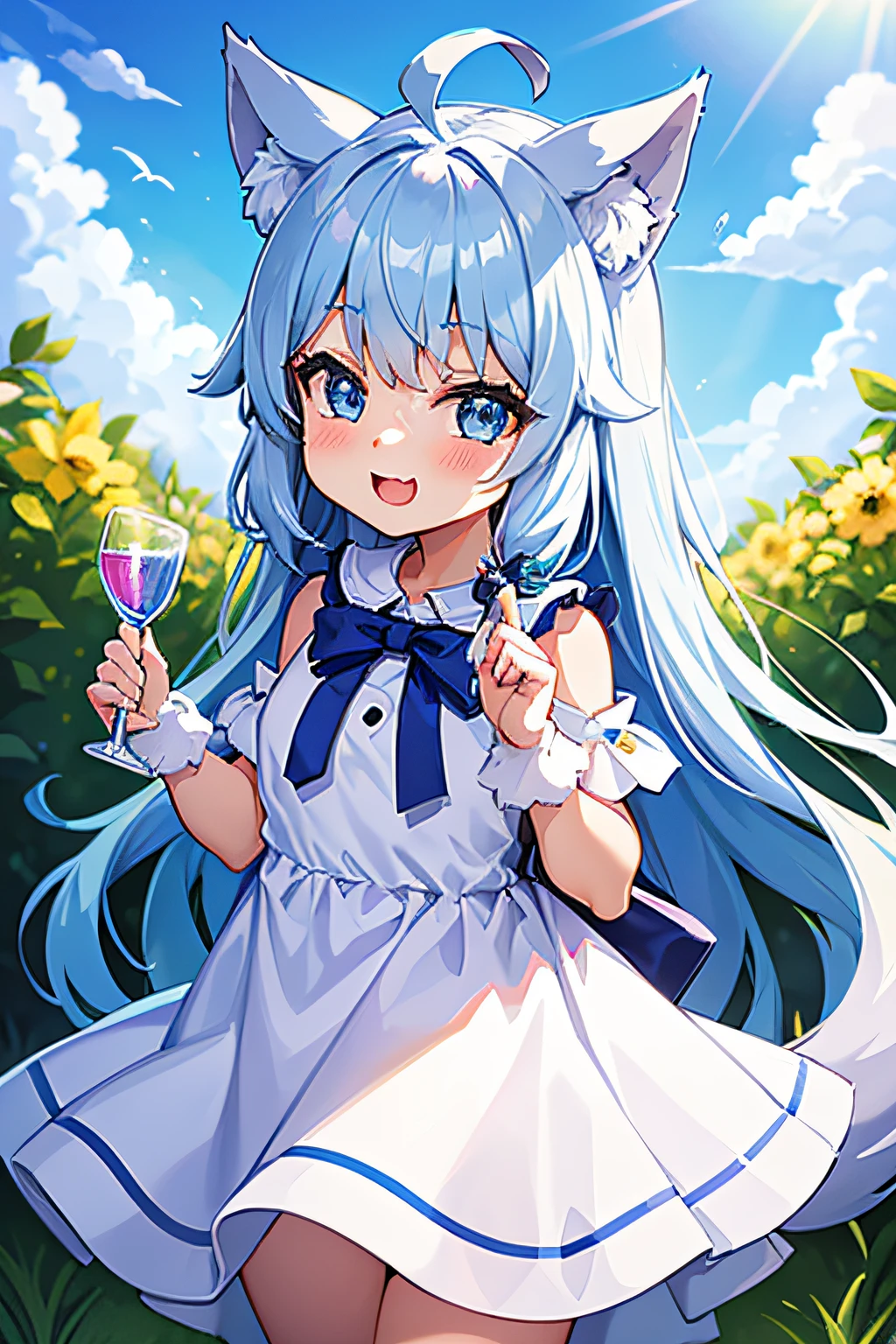 Super ultra happy cute little girl, with wolf ears and blue hair, holding her cheeks, wolf tail, wearing a white summer dress, looking at veiwer