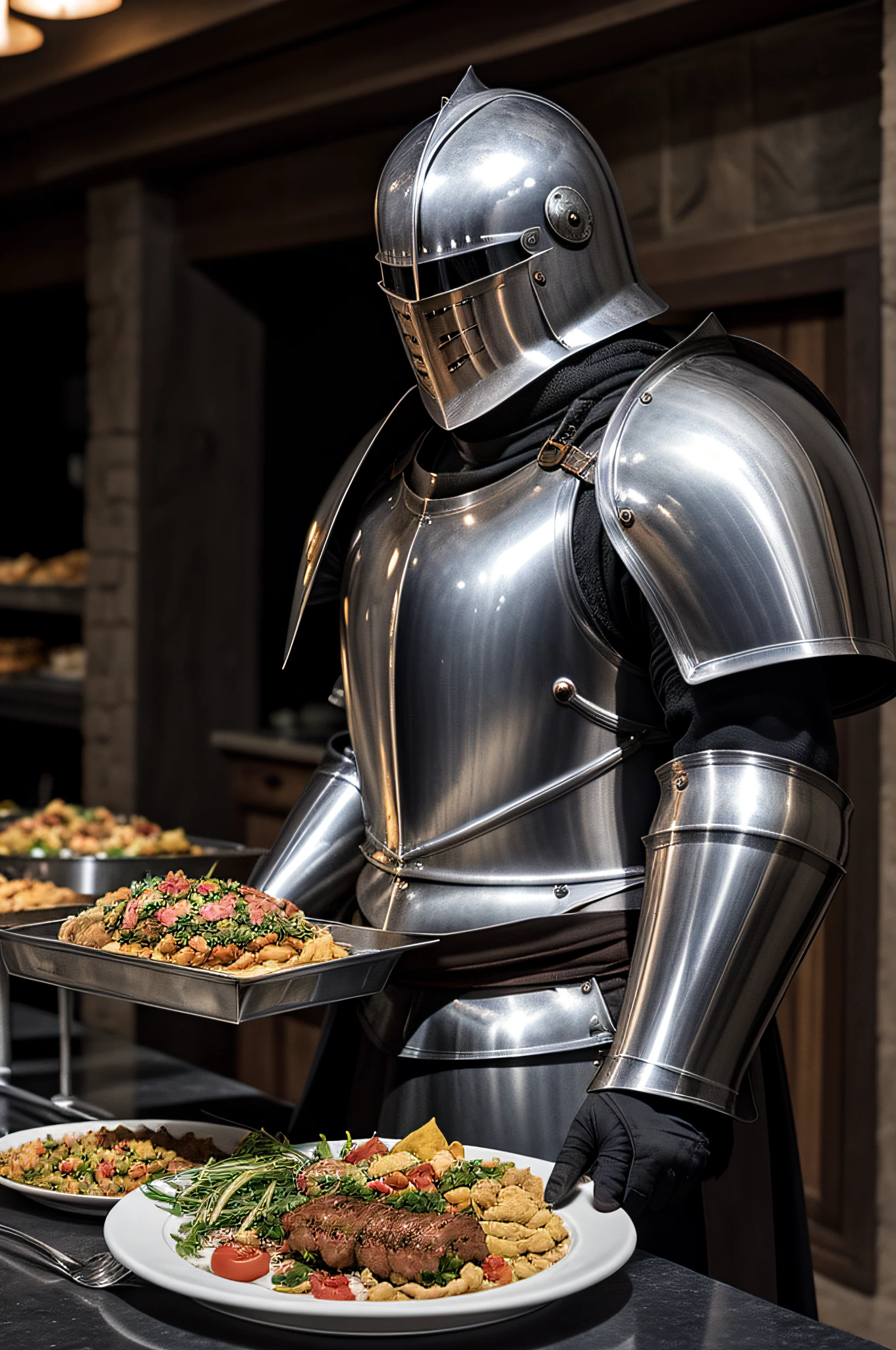 A knight in medieval, chrome armor stands in line at the buffet next to a counter where food is being served. style, (warm hue, warm tone): 1.2), close-up, cinematic light, side lighting, ultra high resolution, best shadow, RAW.