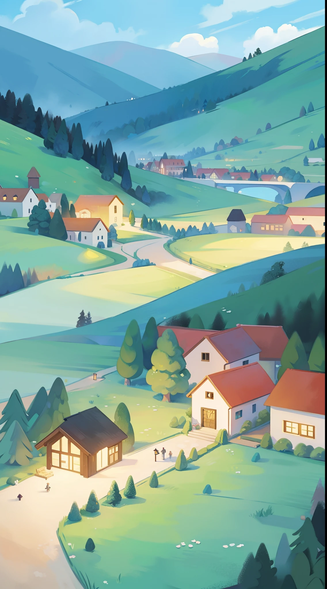 fantasy landscape, watercolor illustration, whimsical, warm colors, fairytale village, houses, ((masterpiece)), highly detailed environment