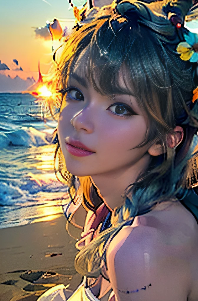 (a female anime character) (sitting on the beach), (modern style), (relaxed expression), (beautiful detailed eyes), (beautiful detailed lips), (longeyelashes), [casual clothing], [sun hat], [sunglasses], [sand between the toes], [cool breeze], (best quality,4k,8k,highres,masterpiece:1.2), ultra-detailed, (realistic,photorealistic,photo-realistic:1.37), HDR, (vibrant colors), beach sunset lighting